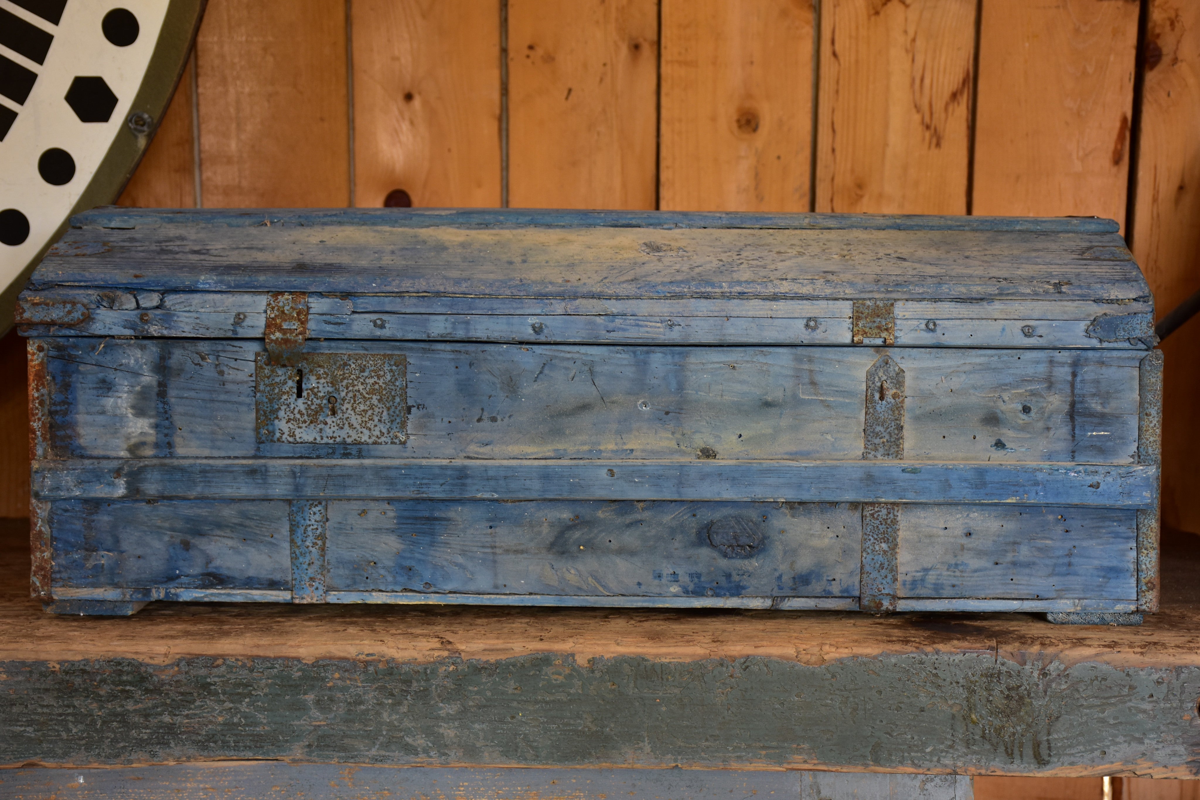 Antique French horse carriage trunk with blue patina