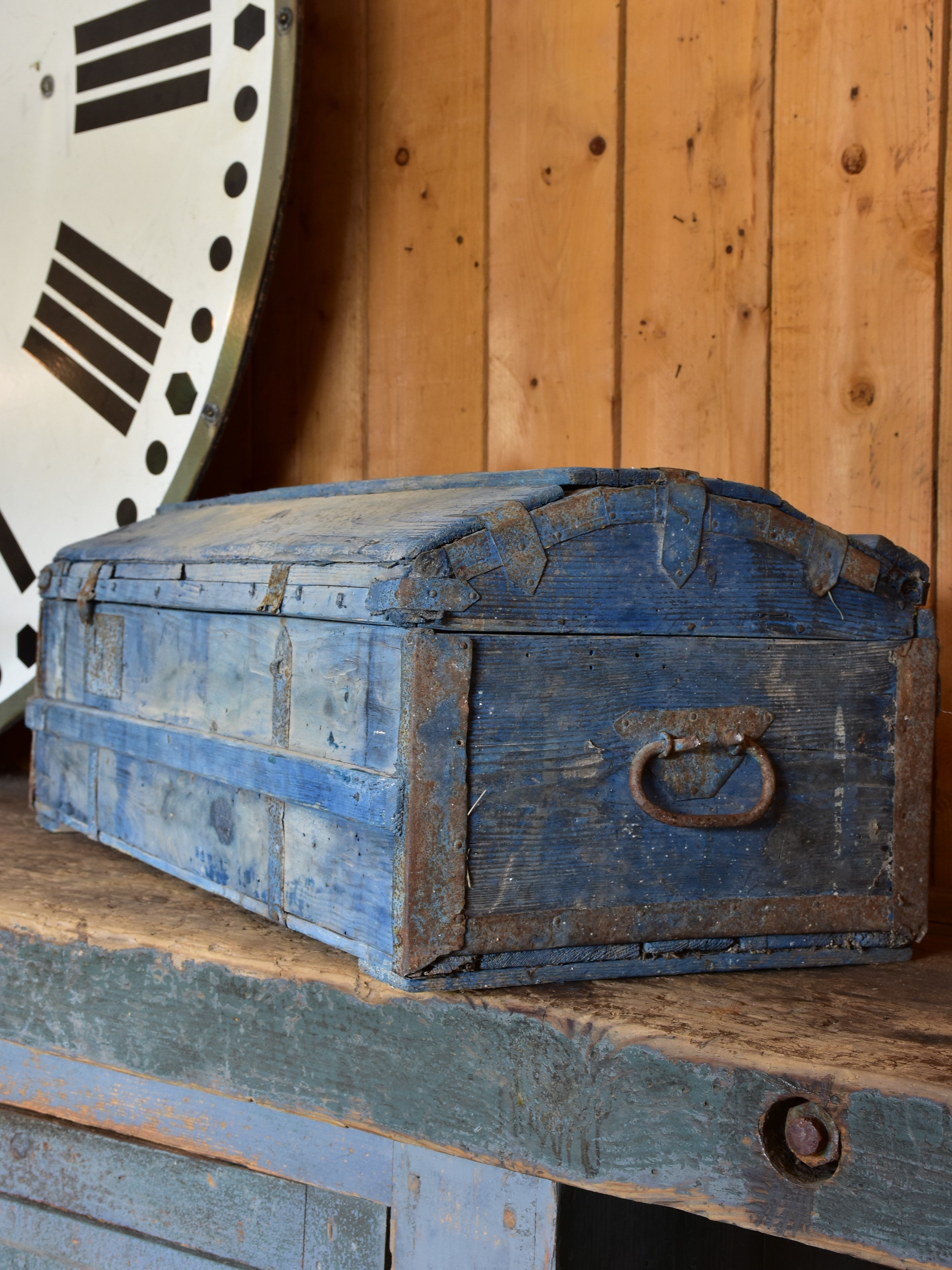 Antique French horse carriage trunk with blue patina