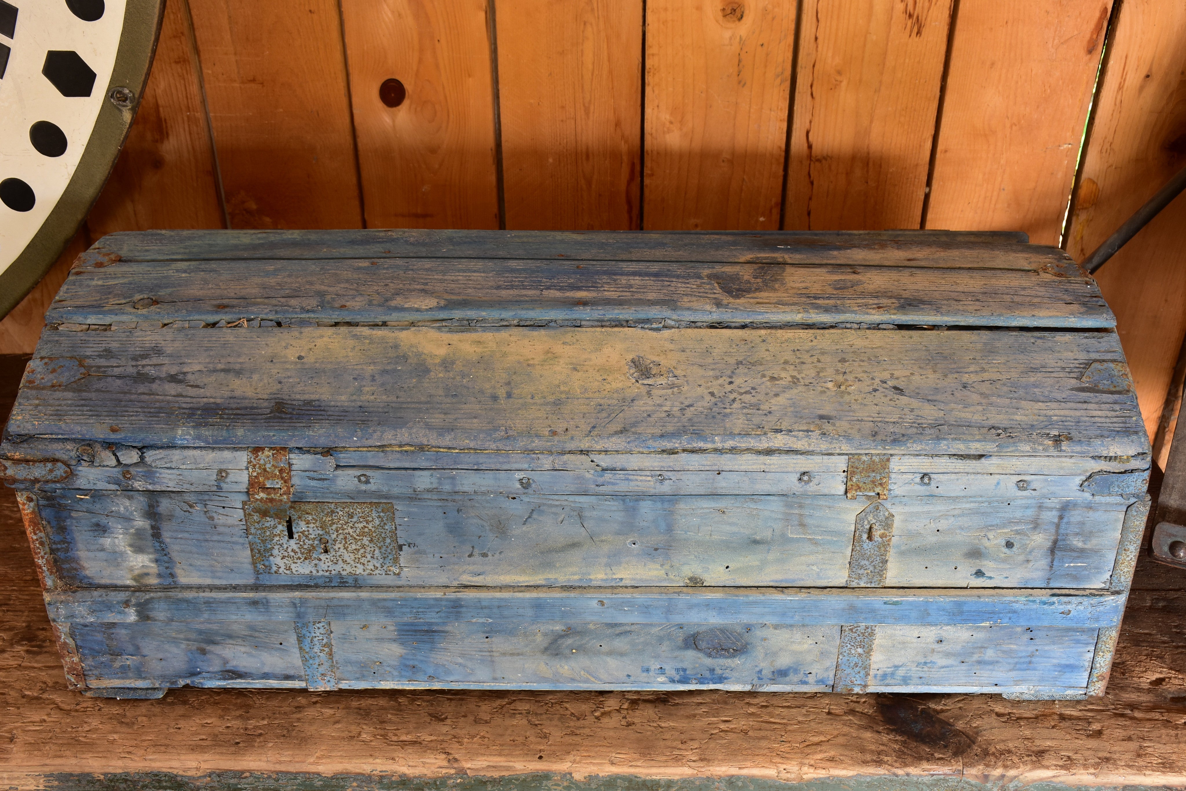 Antique French horse carriage trunk with blue patina