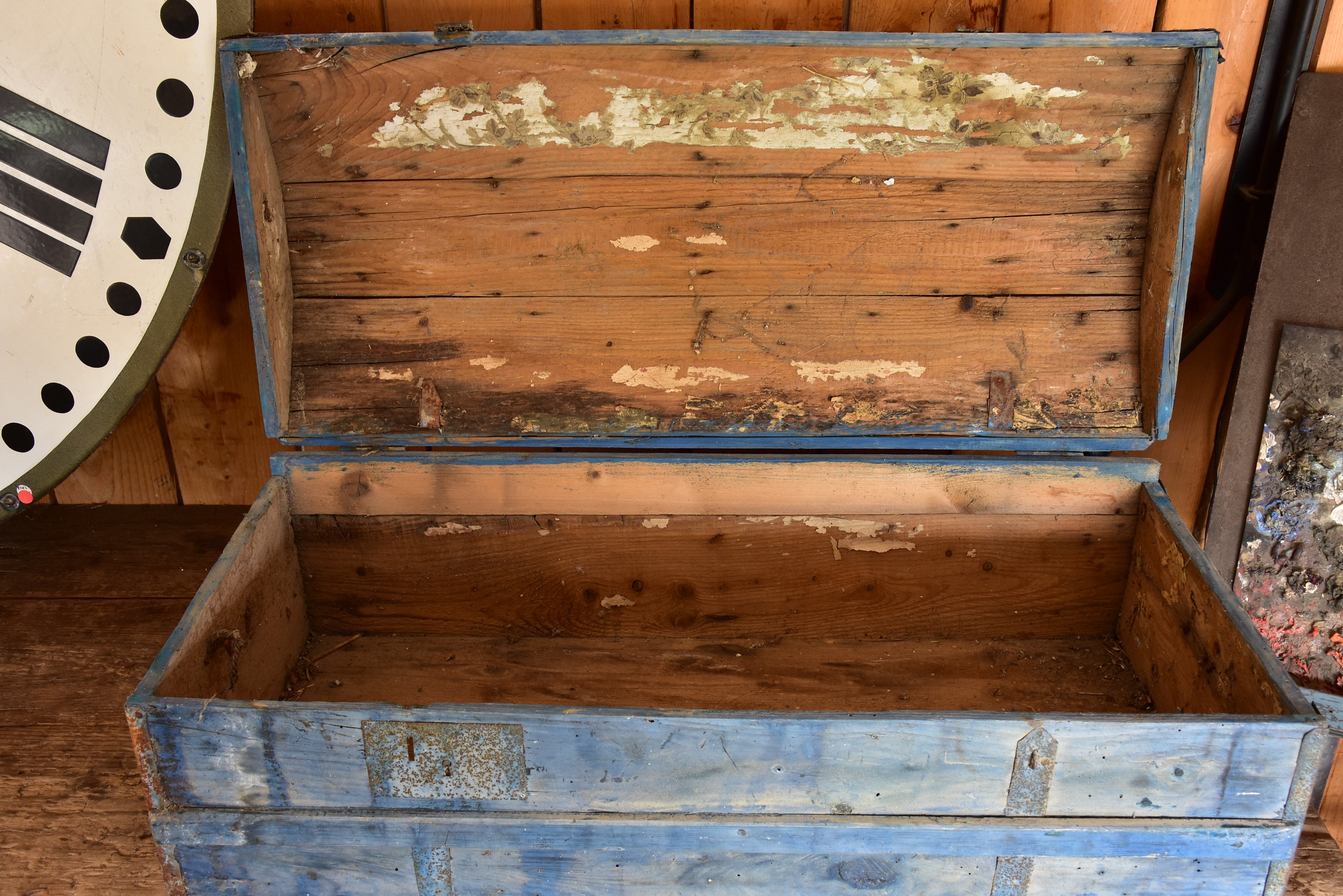 Antique French horse carriage trunk with blue patina