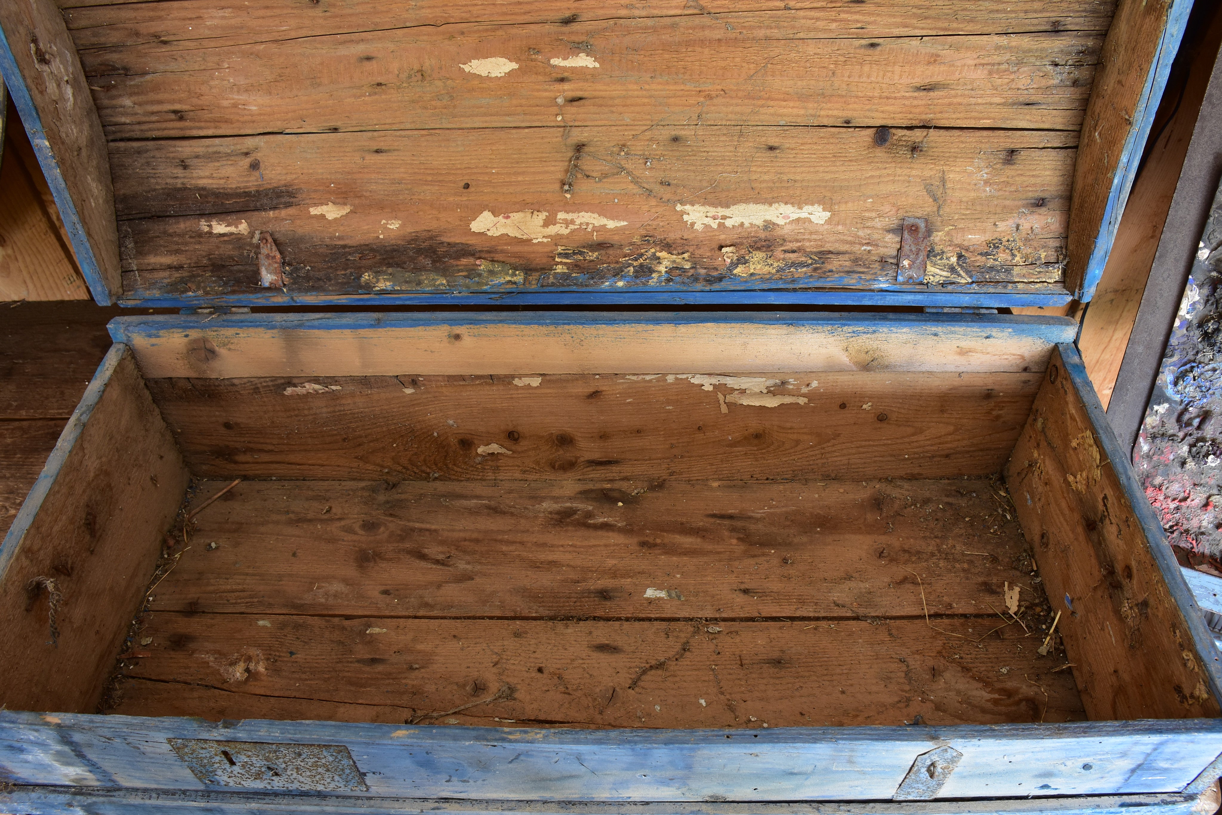 Antique French horse carriage trunk with blue patina