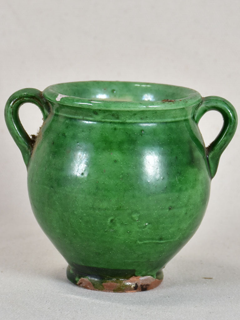 Very small antique French confit pot with green glaze 4"