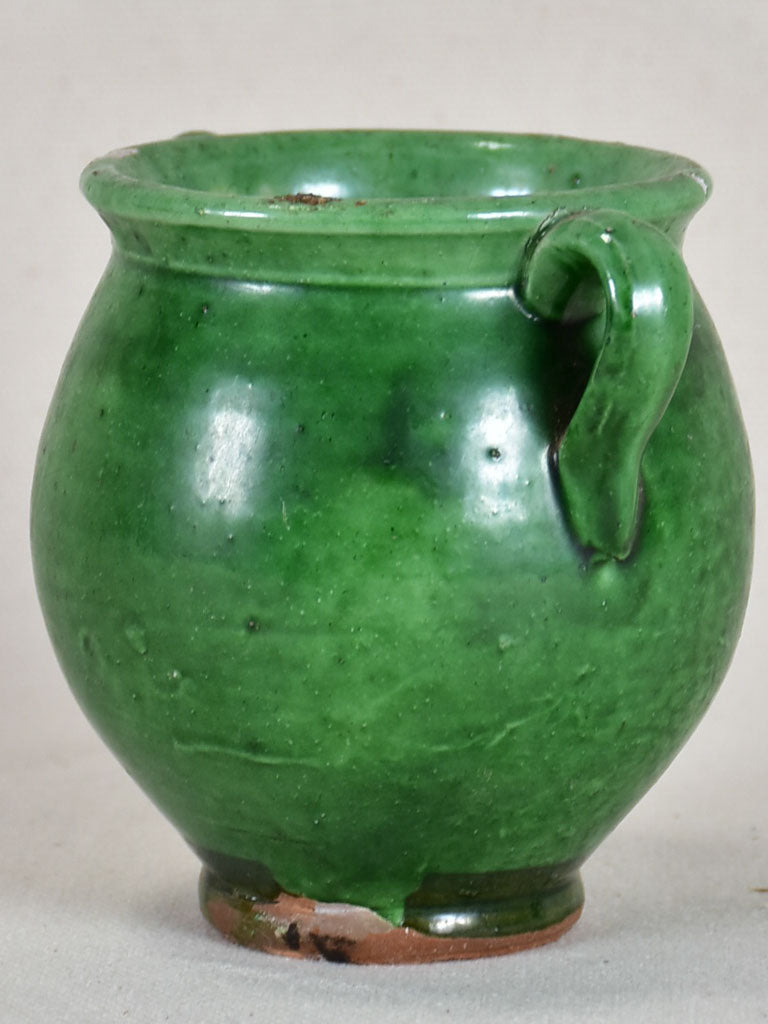 Very small antique French confit pot with green glaze 4"