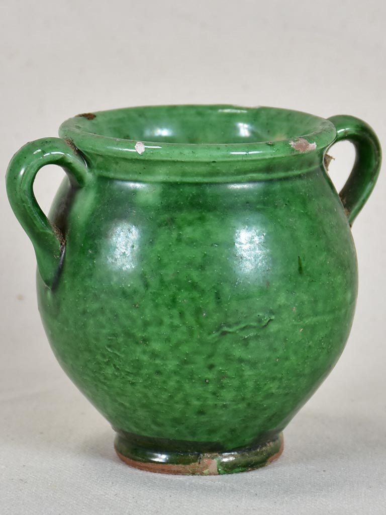 Very small antique French confit pot with green glaze 4"