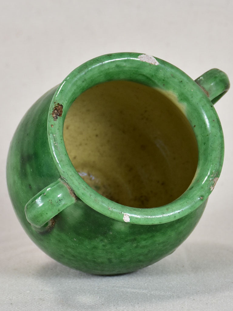 Very small antique French confit pot with green glaze 4"