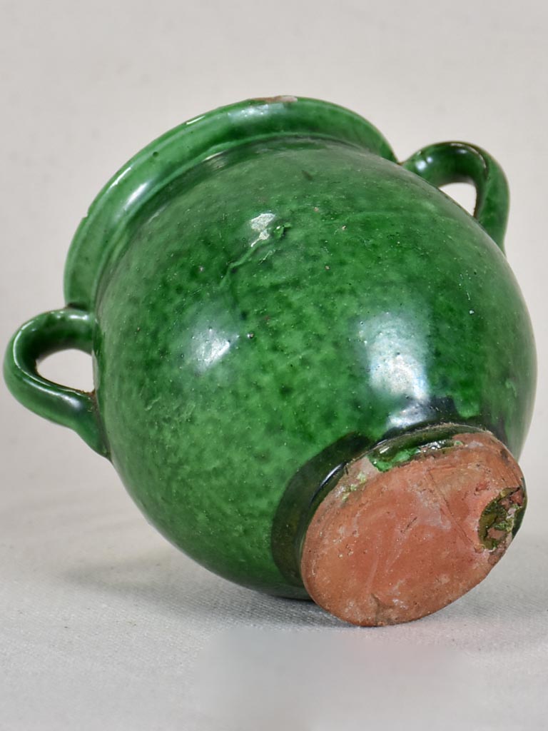 Very small antique French confit pot with green glaze 4"