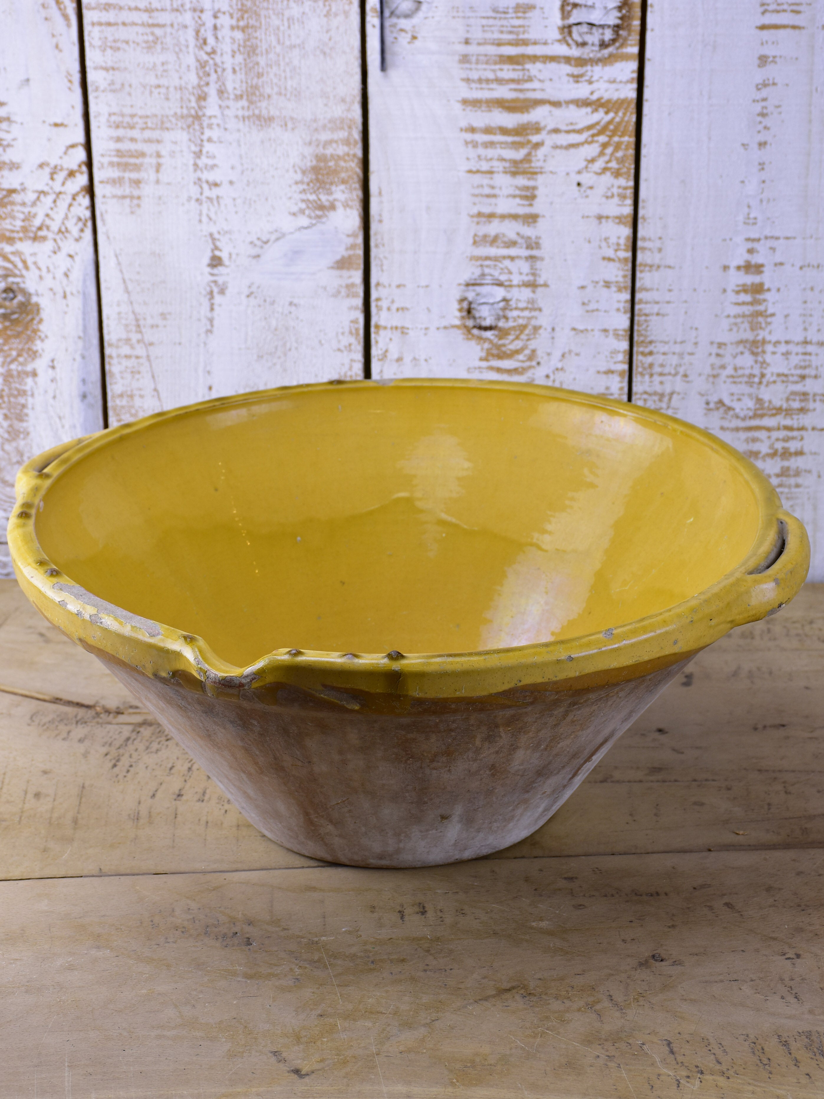 Antique French tian preserving bowl with yellow glaze