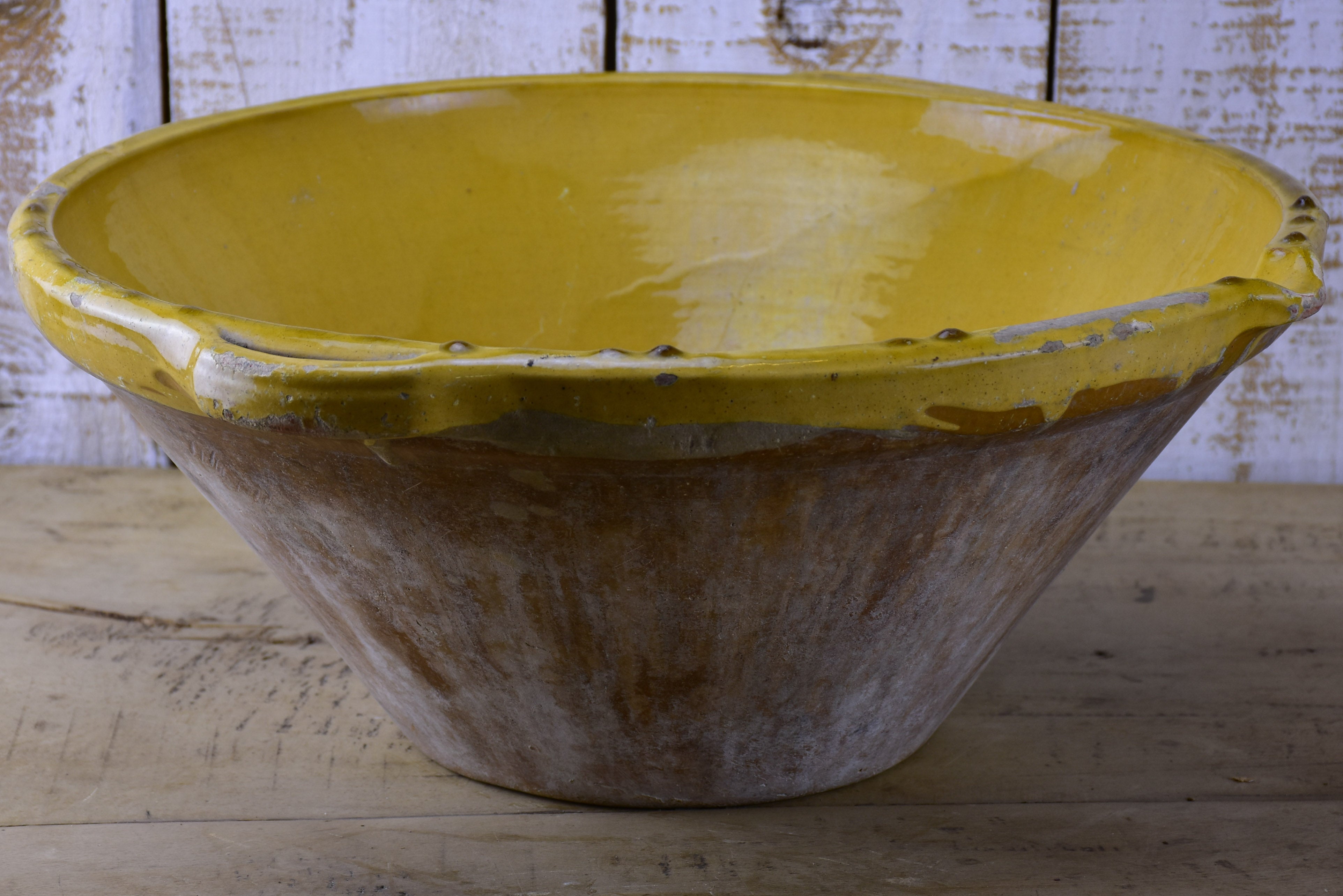 Antique French tian preserving bowl with yellow glaze