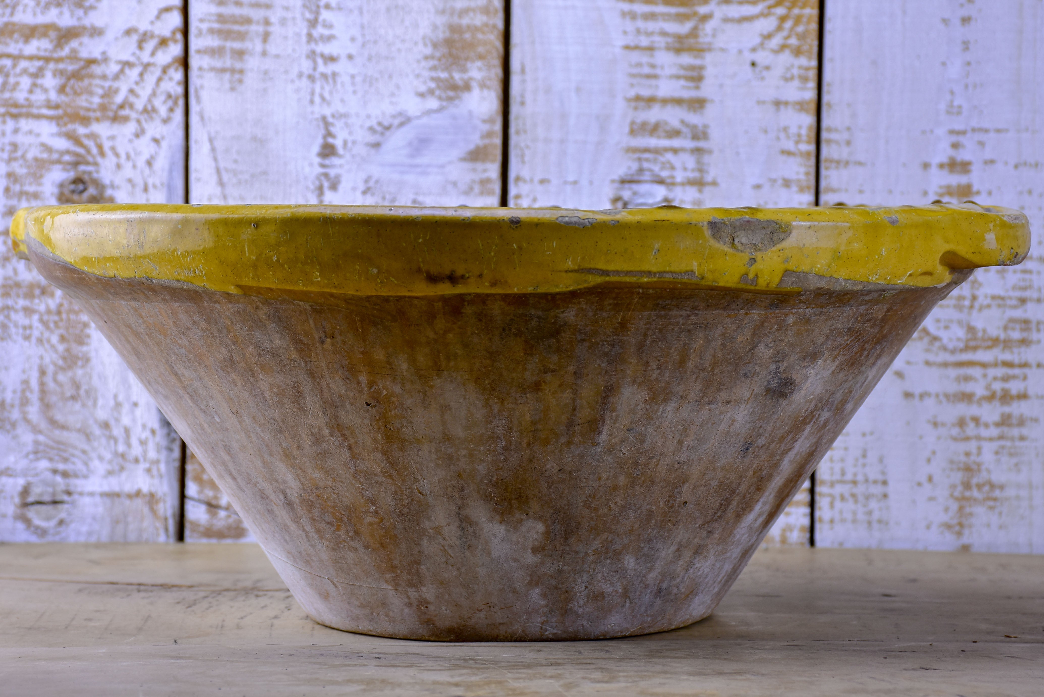 Antique French tian preserving bowl with yellow glaze