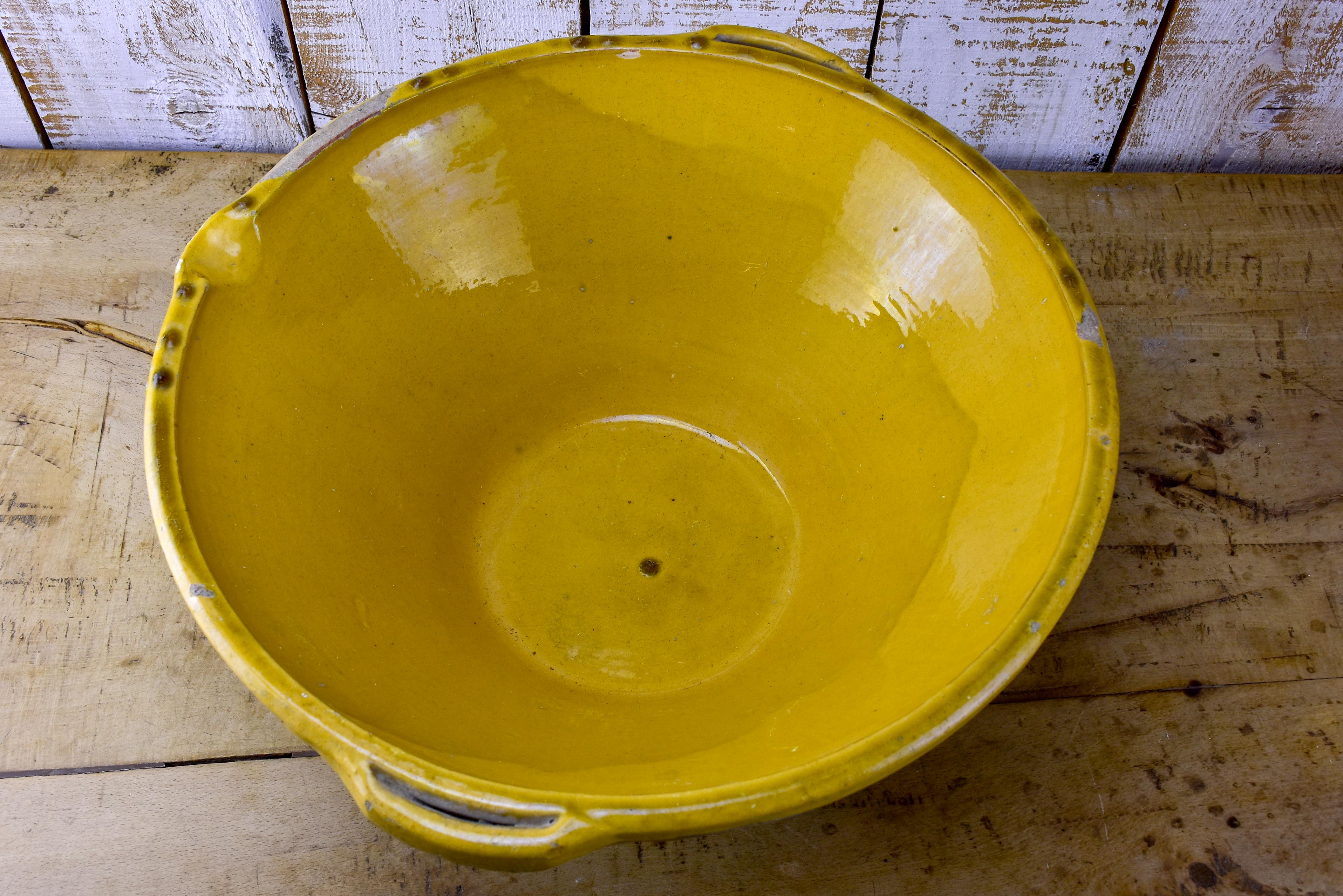 Antique French tian preserving bowl with yellow glaze