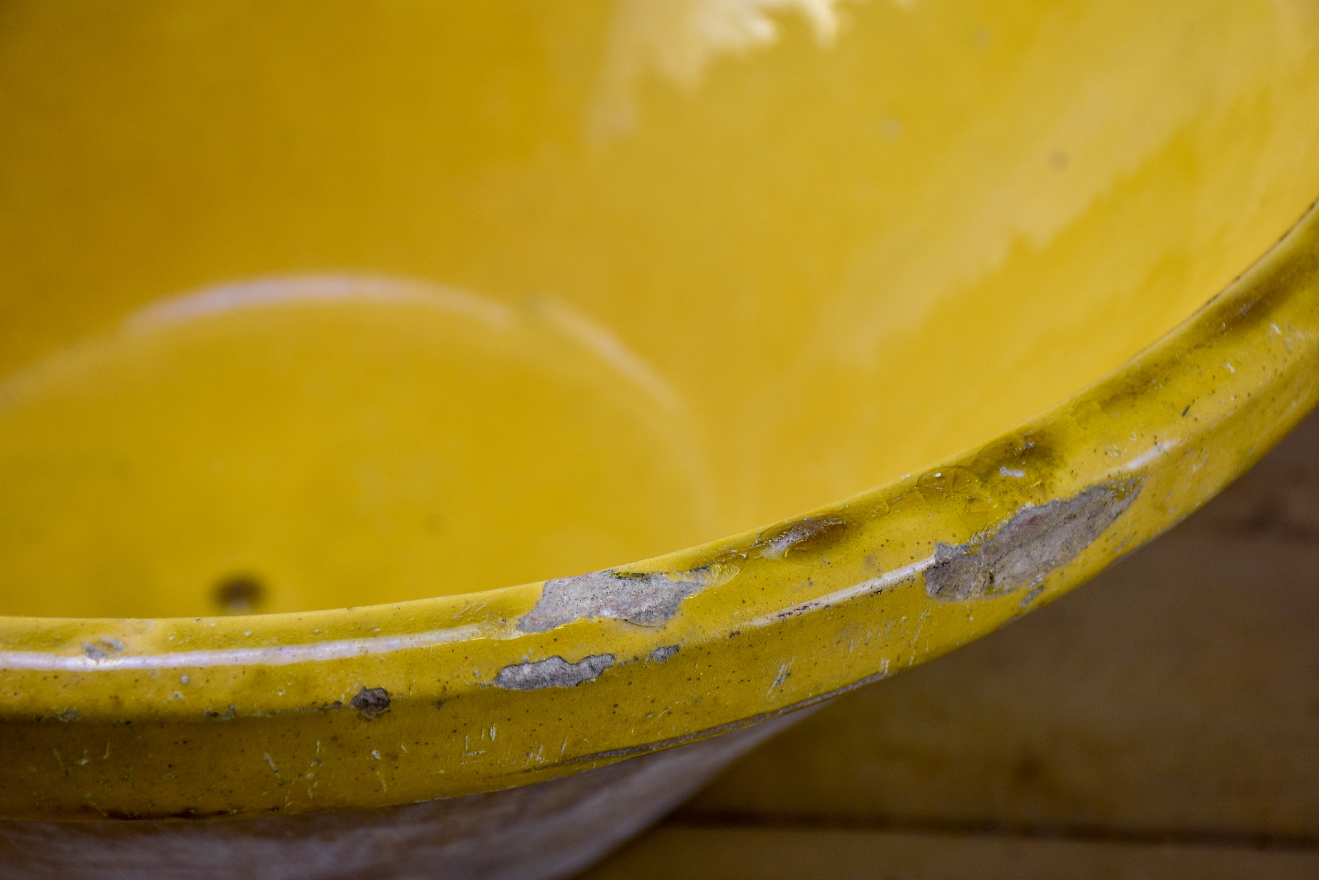 Antique French tian preserving bowl with yellow glaze