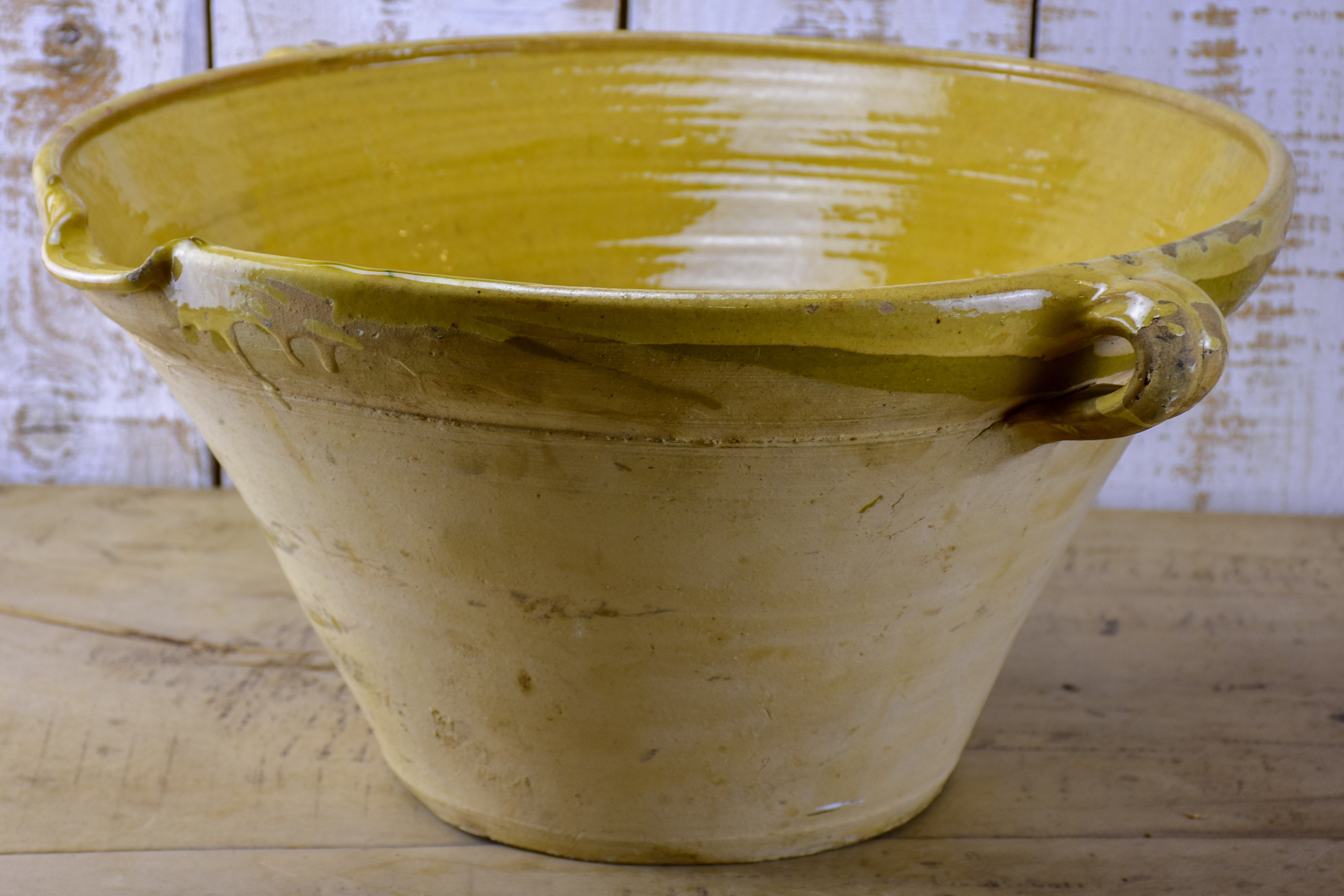 Antique French deep preserving bowl with yellow glaze