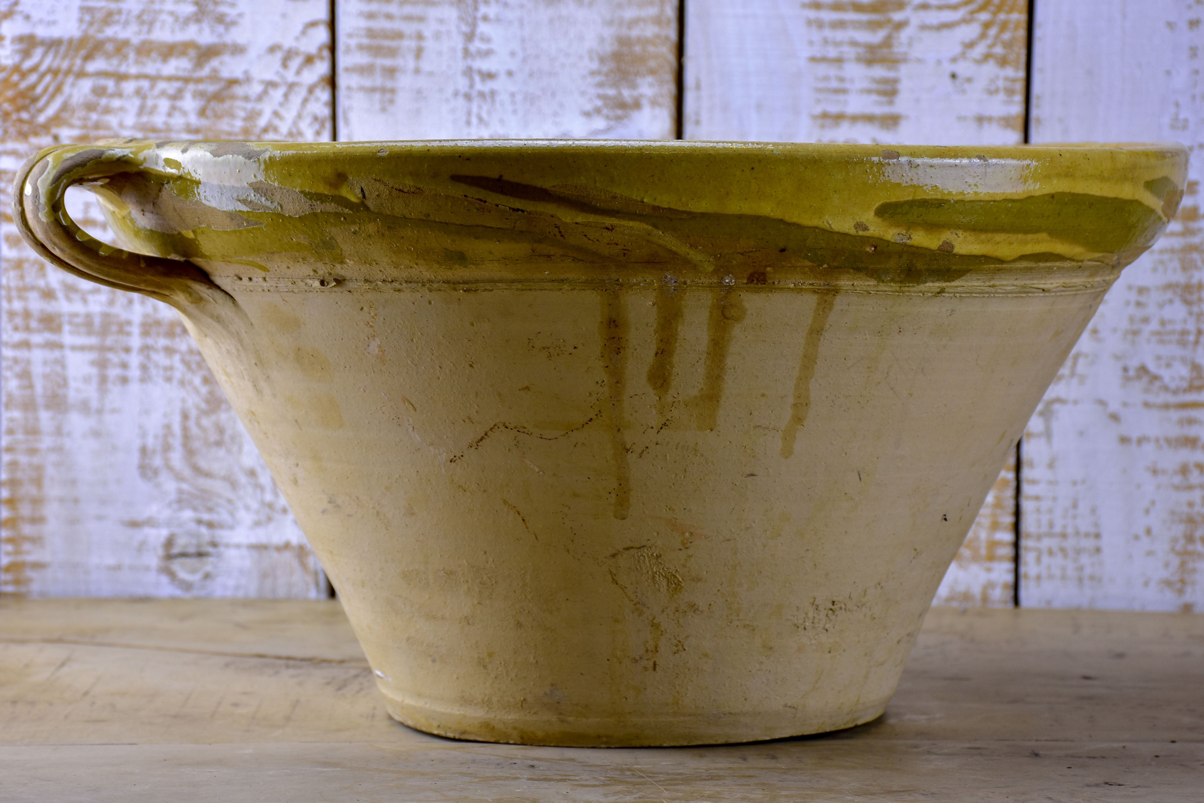 Antique French deep preserving bowl with yellow glaze