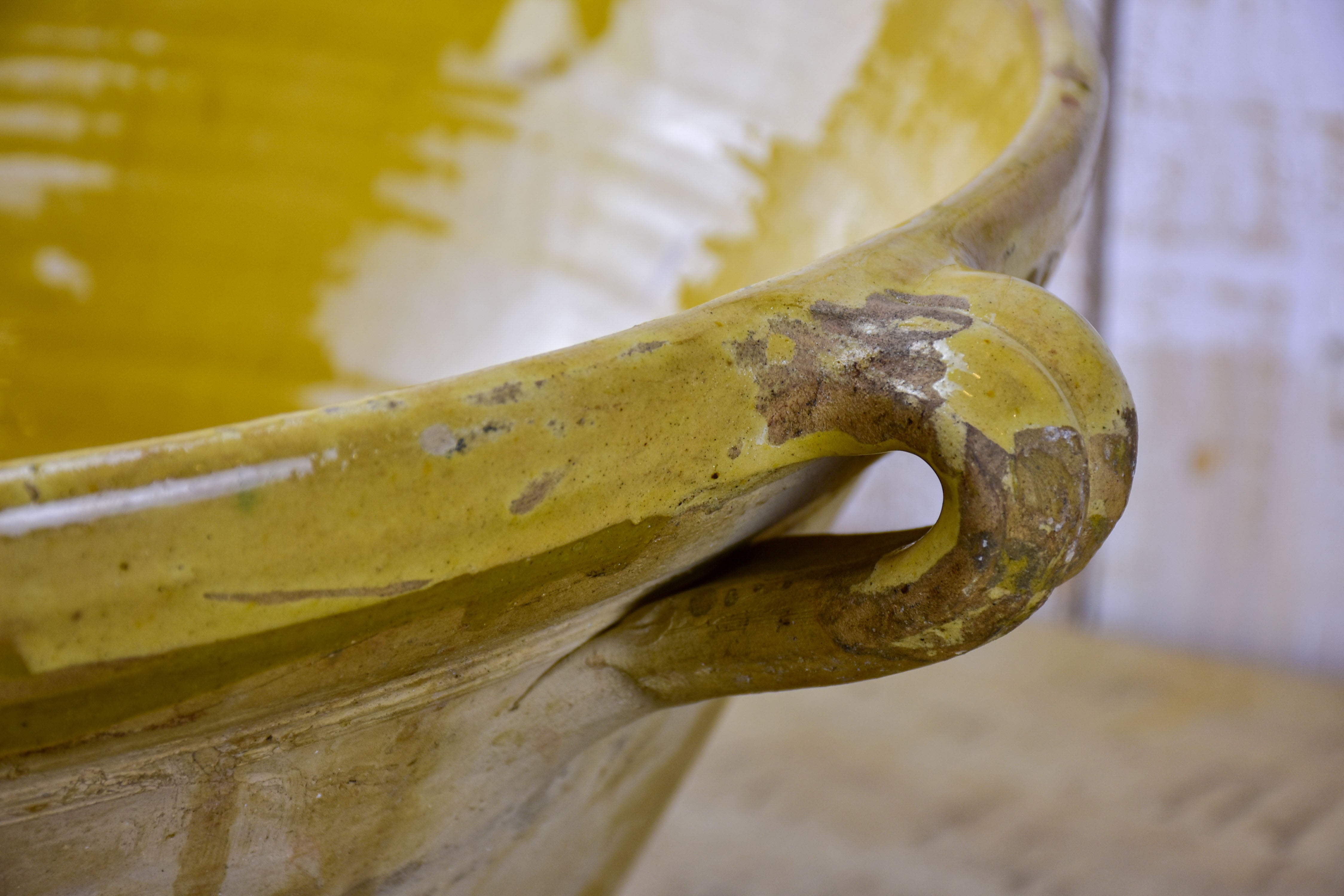 Antique French deep preserving bowl with yellow glaze