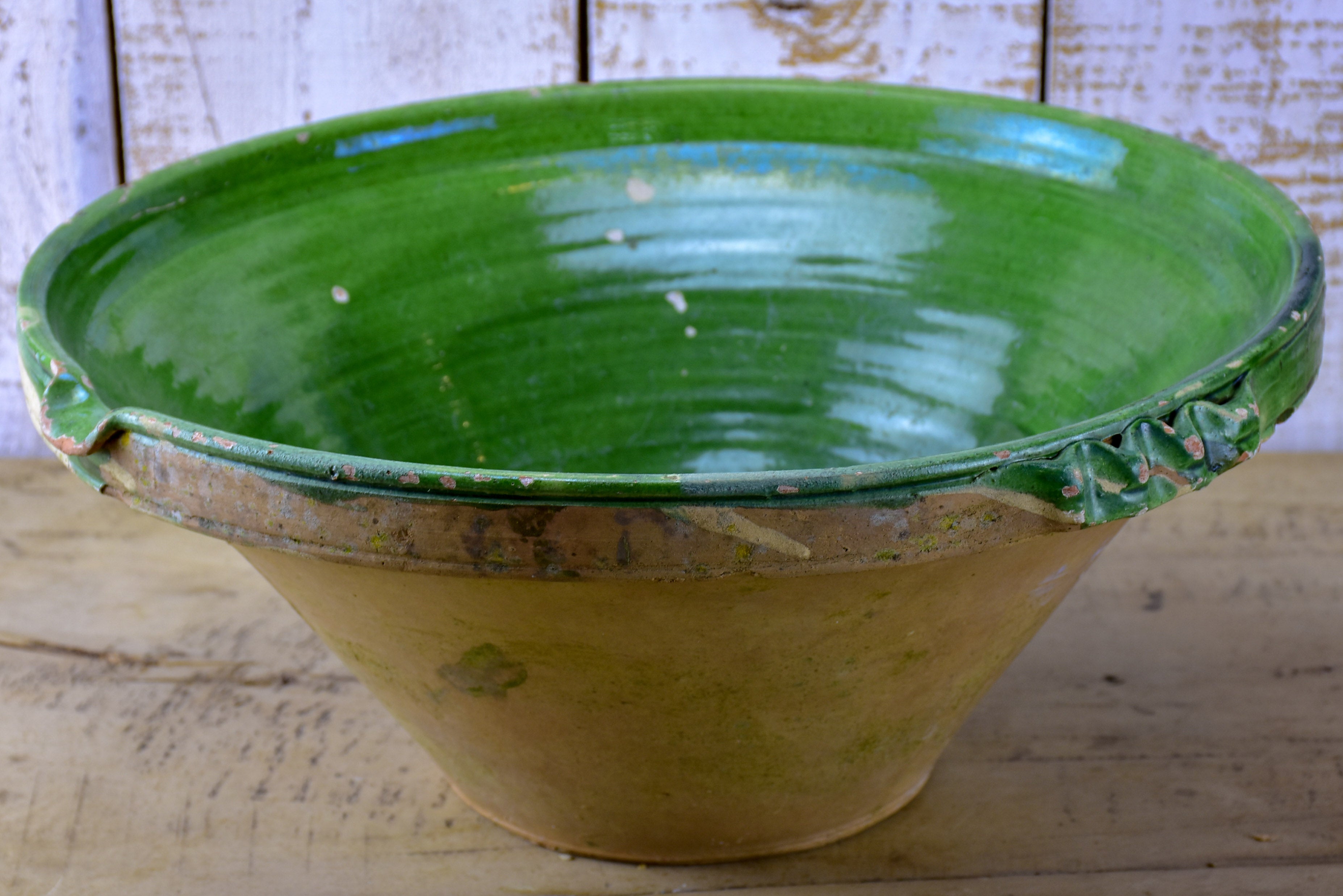 Antique French preserving bowl or 'tian' with green glaze