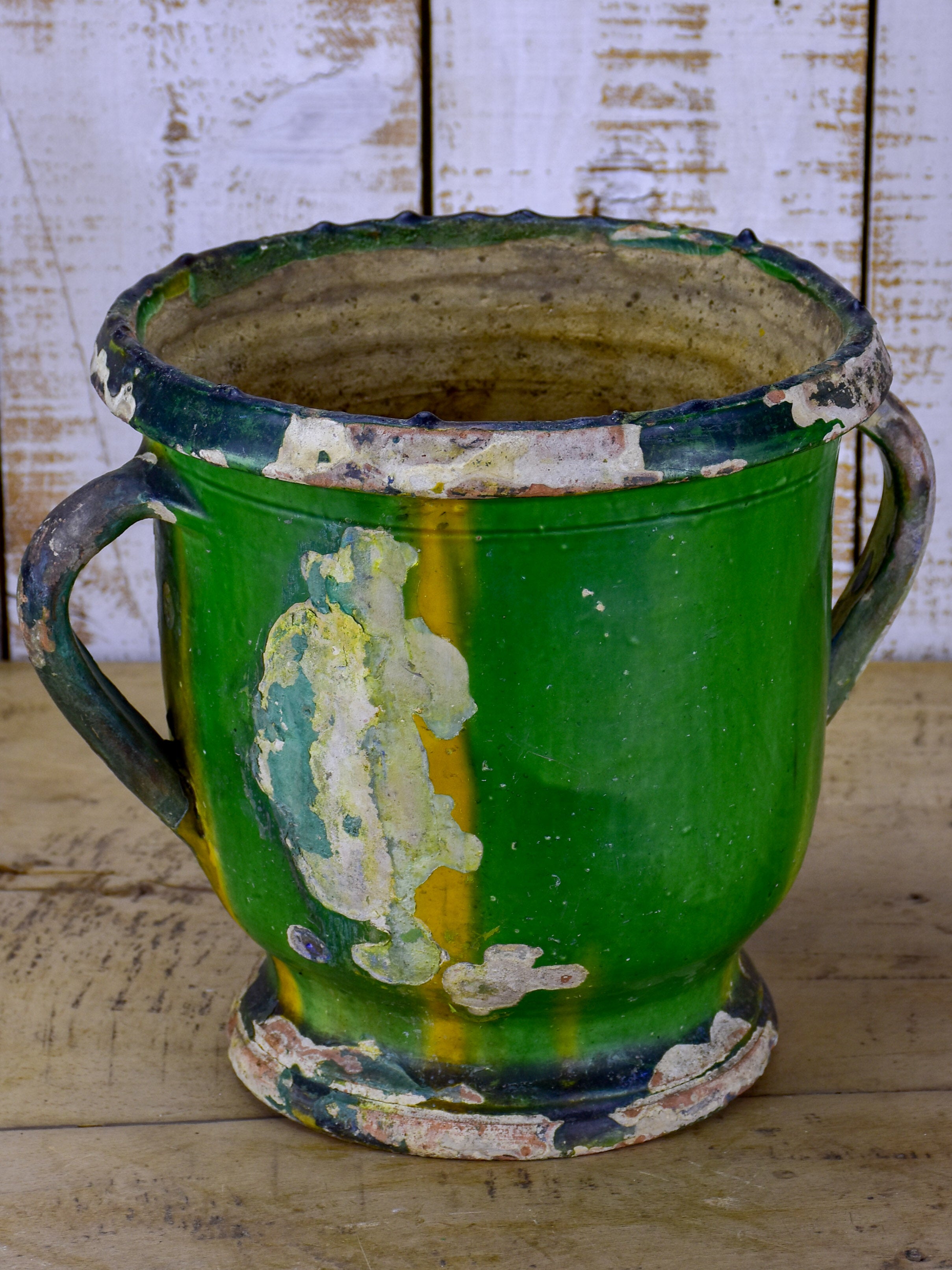 Antique French Castelnaudary garden planter with yellow and green glaze