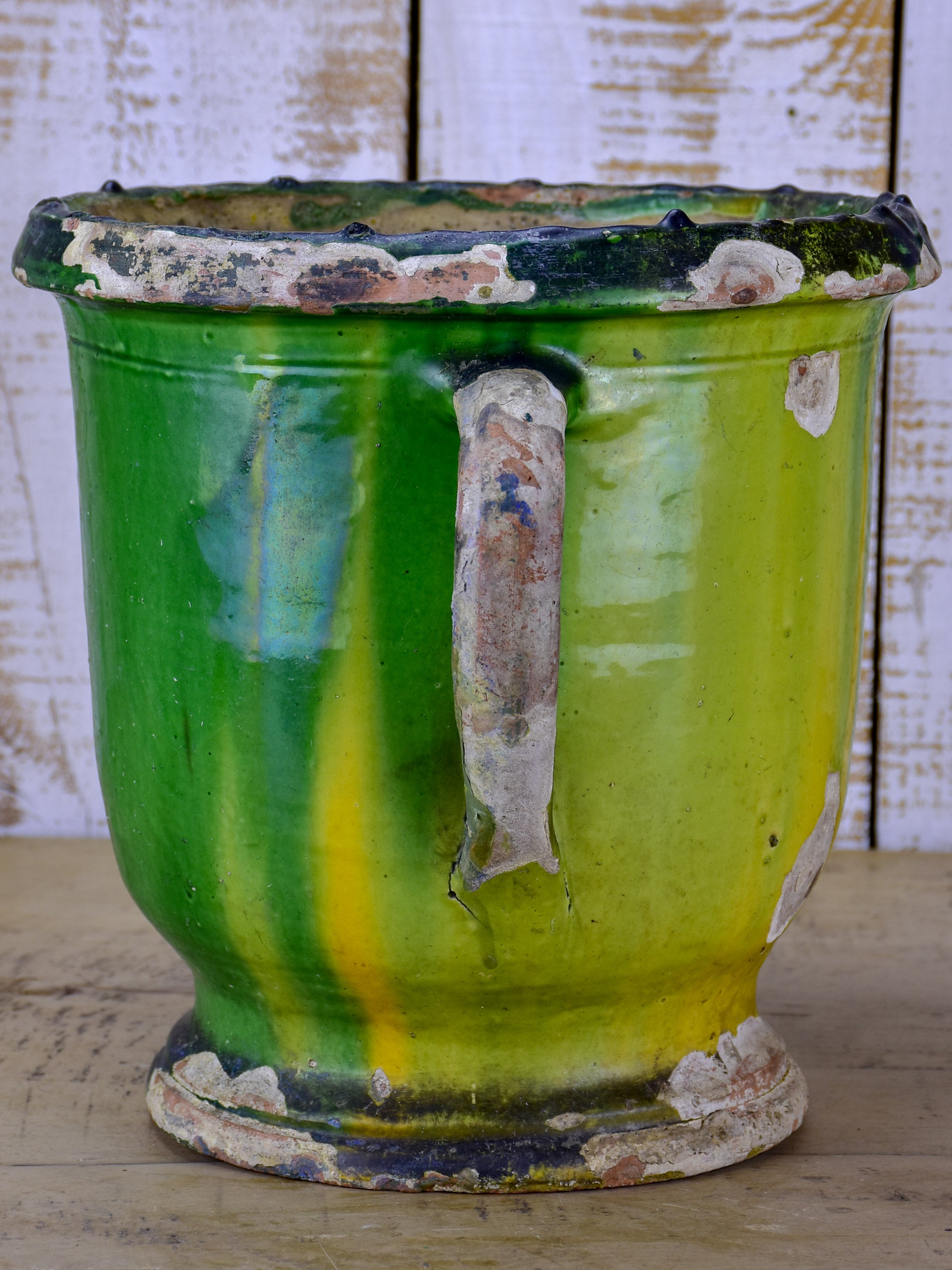 Antique French Castelnaudary garden planter with yellow and green glaze