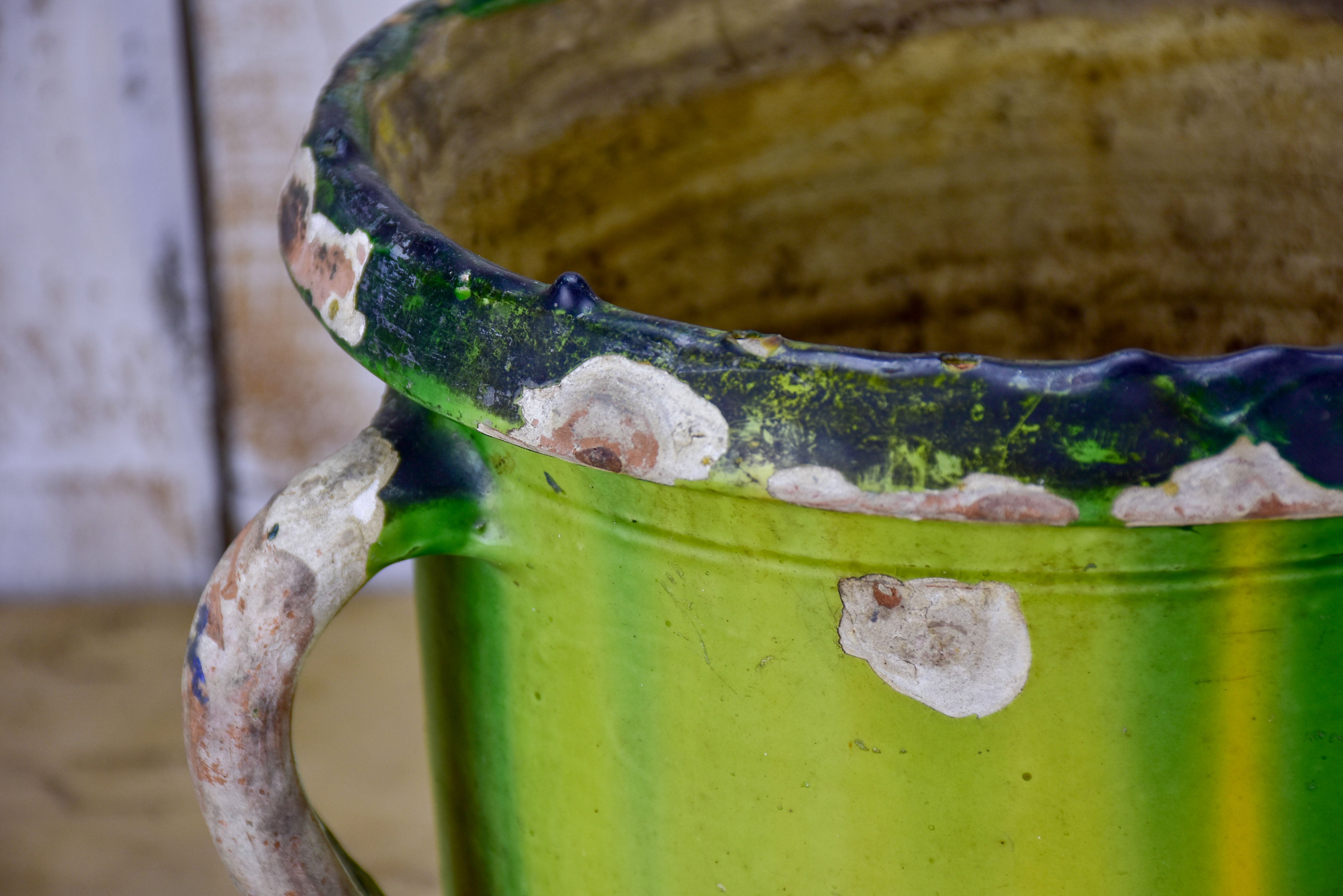 Antique French Castelnaudary garden planter with yellow and green glaze