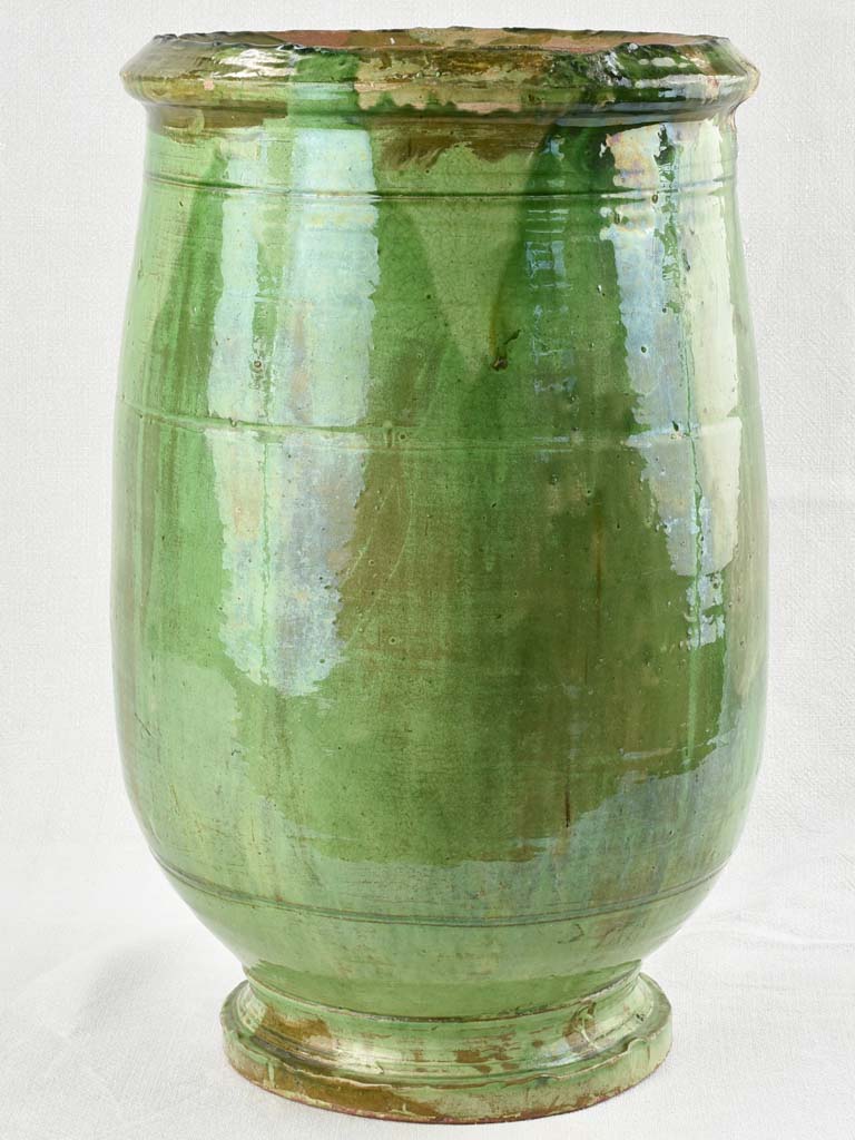 Antique French olive jar with green glaze 22"