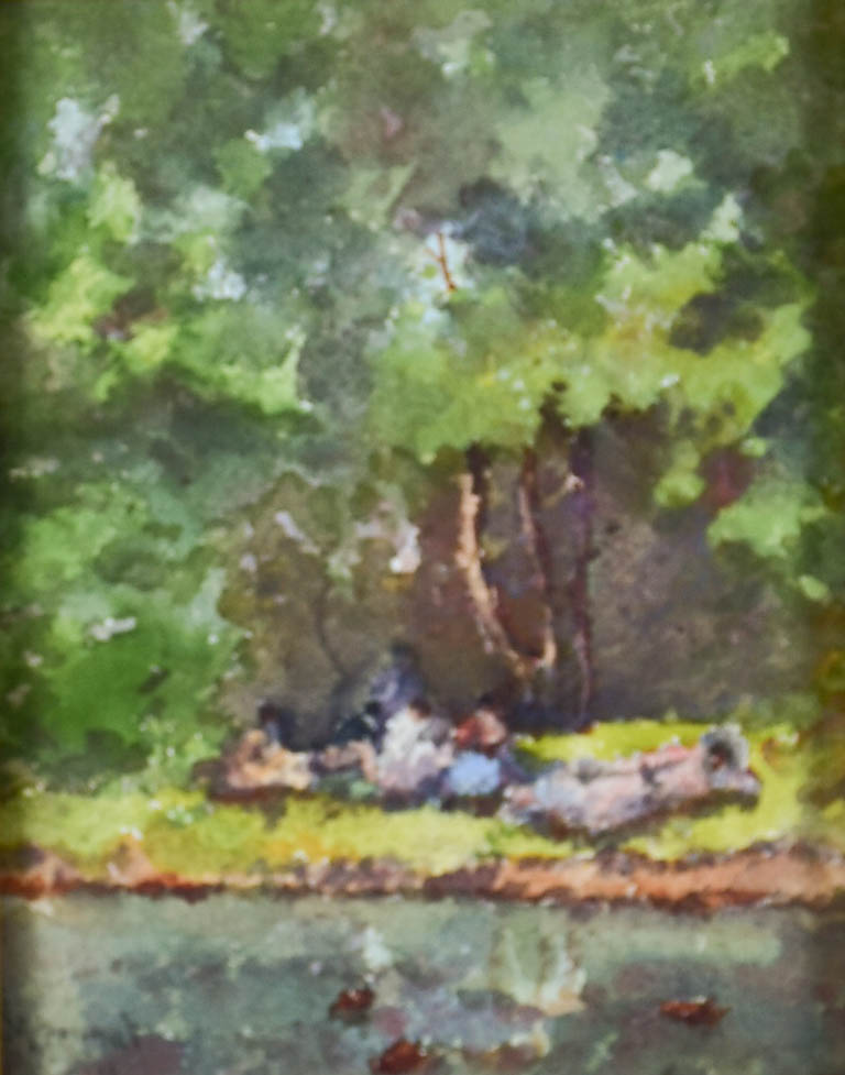 A picnic by the lake, Marius Pauzat (1832-1909) watercolor 11" x 13¾"