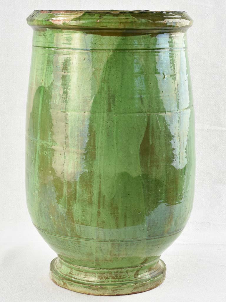 Antique French olive jar with green glaze 22"