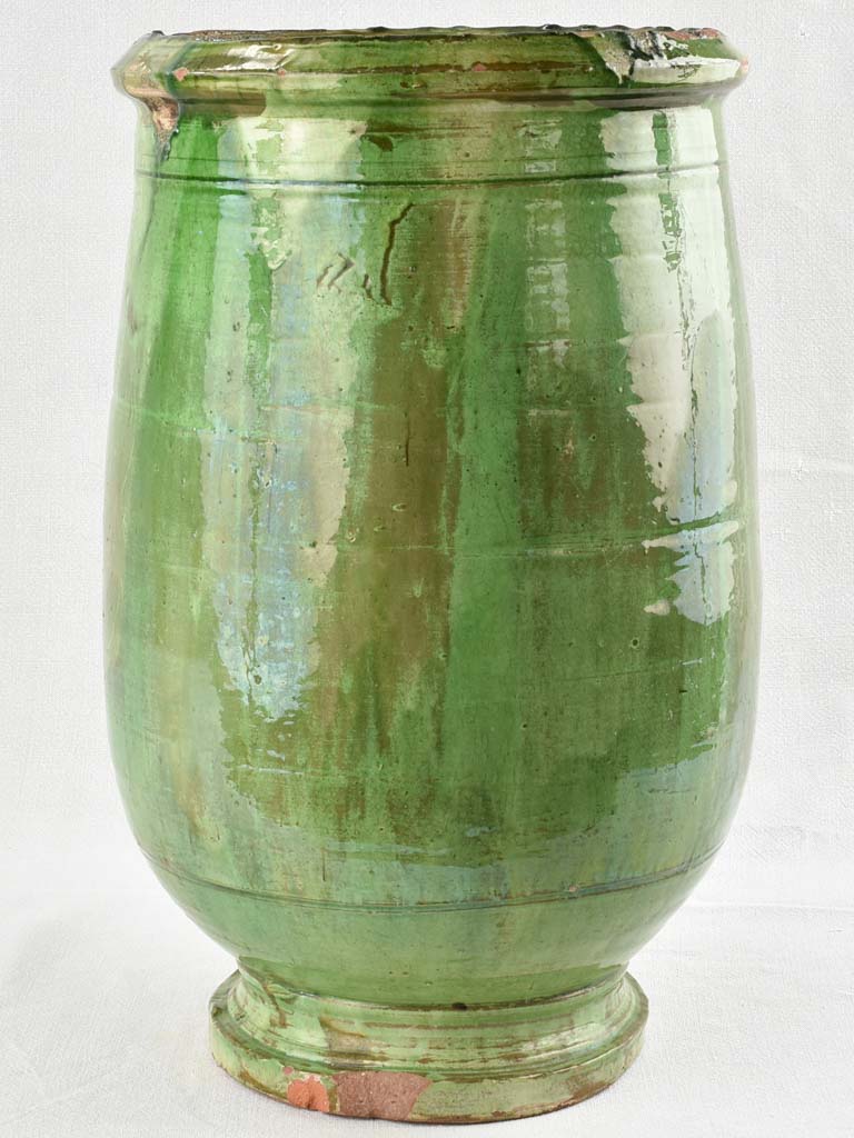 Antique French olive jar with green glaze 22"