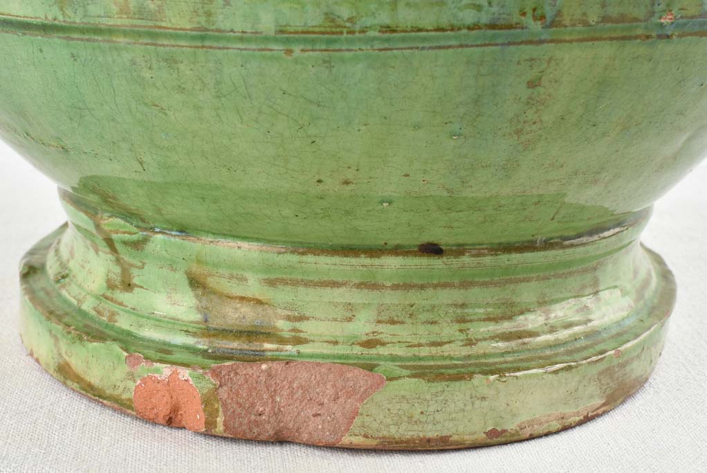 Antique French olive jar with green glaze 22"