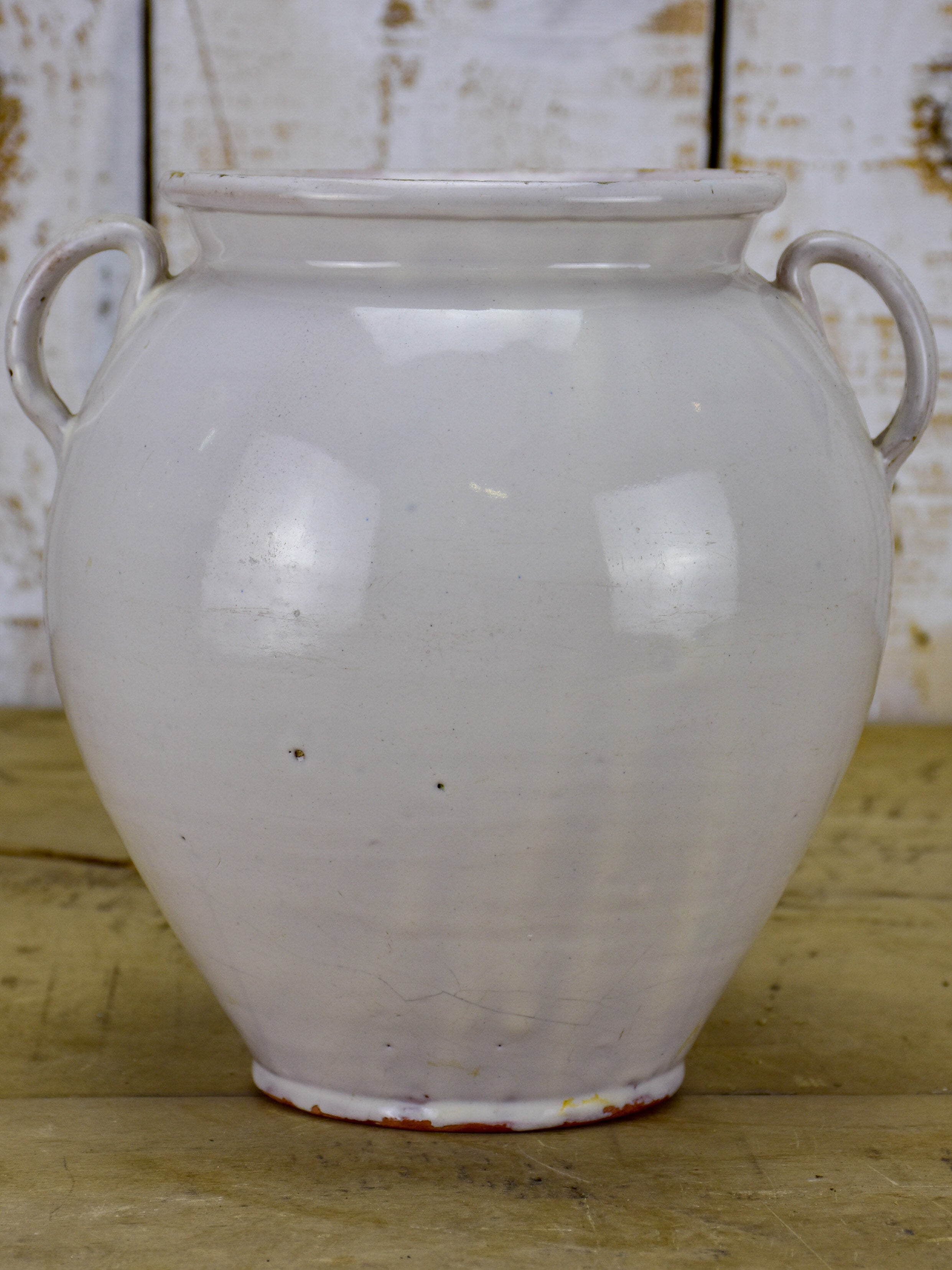 Antique French confit pot with white glaze