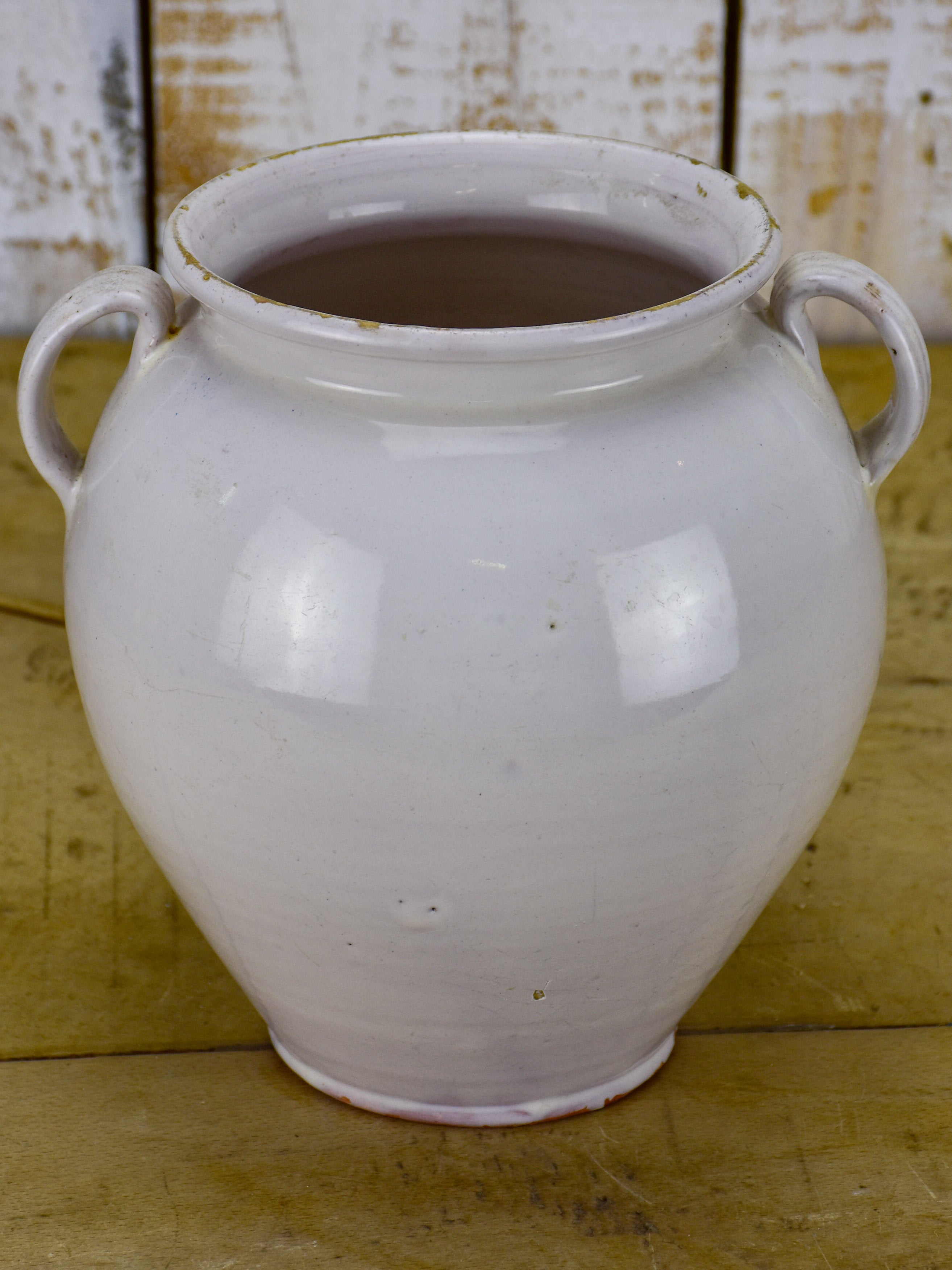 Antique French confit pot with white glaze