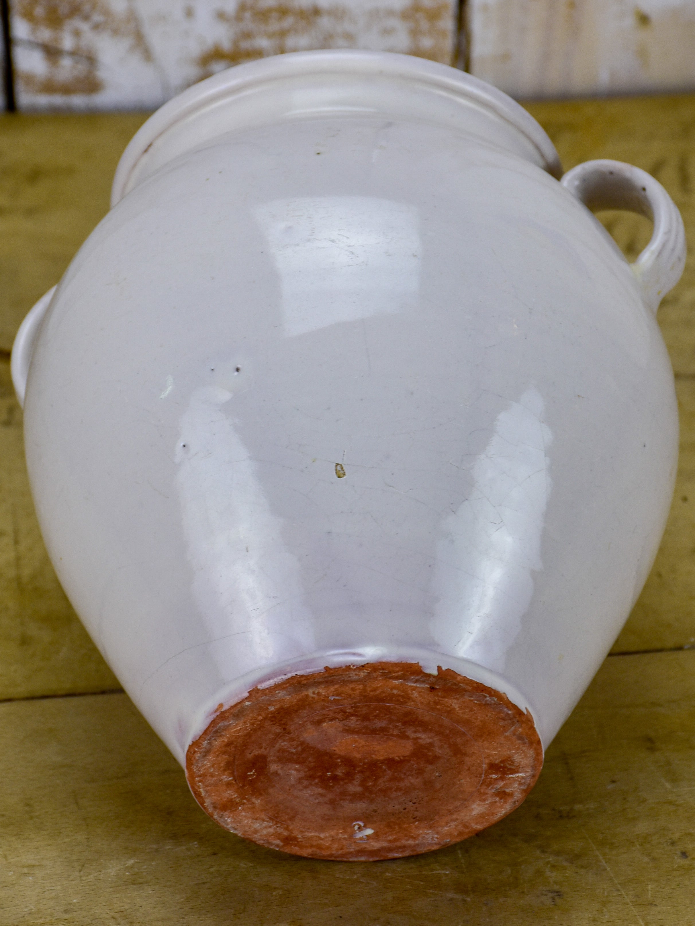 Antique French confit pot with white glaze