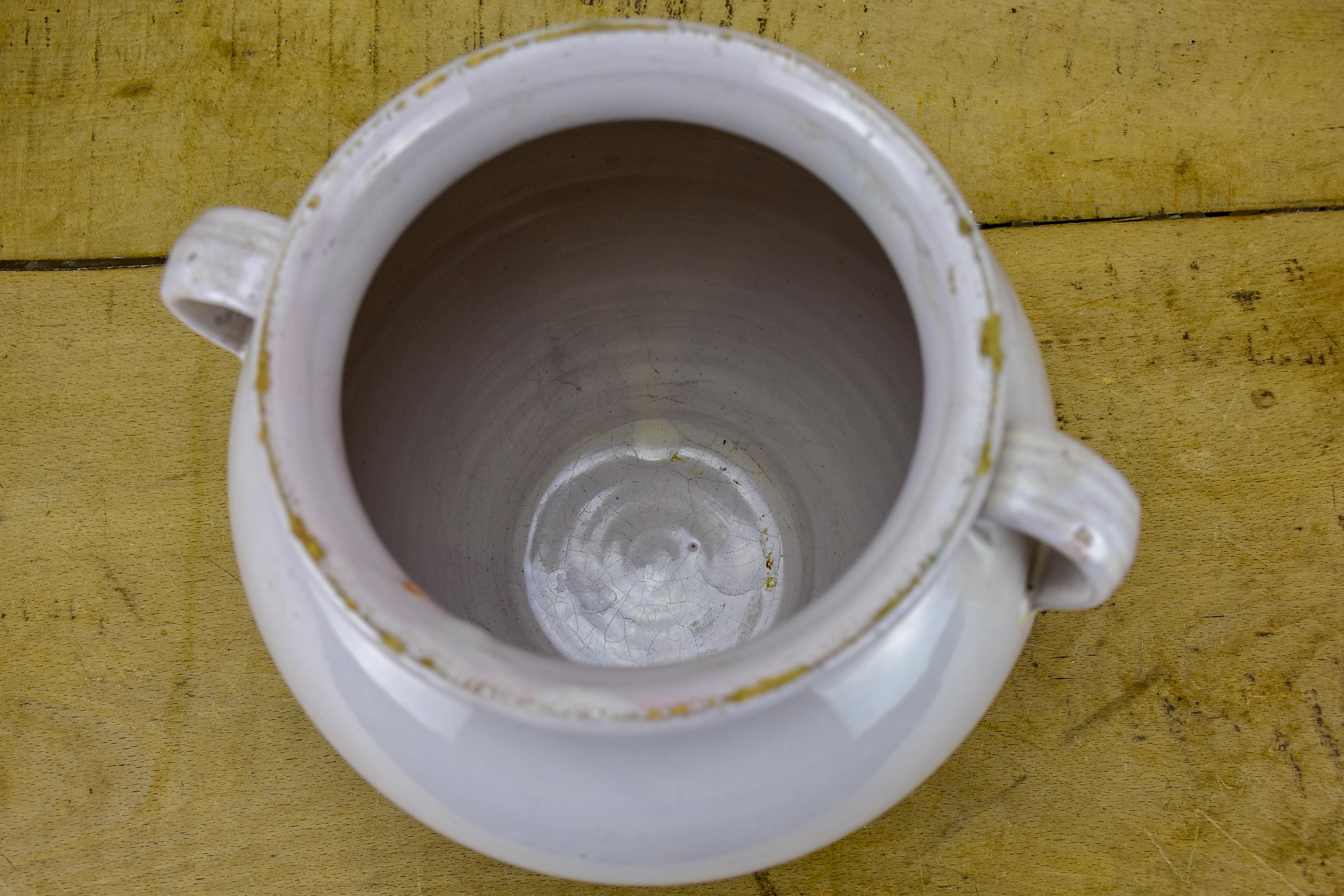 Antique French confit pot with white glaze