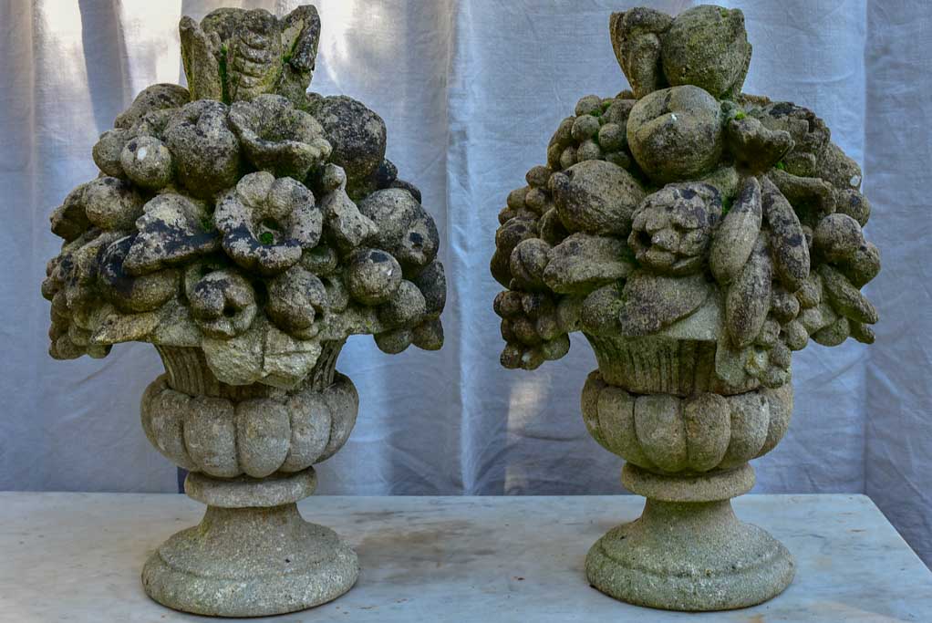 Pair of early 20th century fruit basket garden finials - reconstituted stone