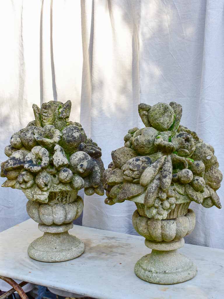 Pair of early 20th century fruit basket garden finials - reconstituted stone