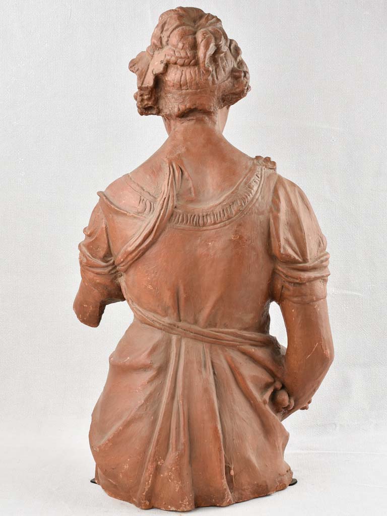 18th century clay statue of a lady holding fruit 31"