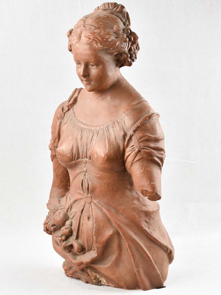 18th century clay statue of a lady holding fruit 31"