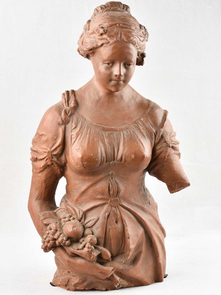 18th century clay statue of a lady holding fruit 31"