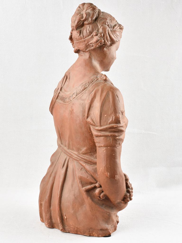 18th century clay statue of a lady holding fruit 31"