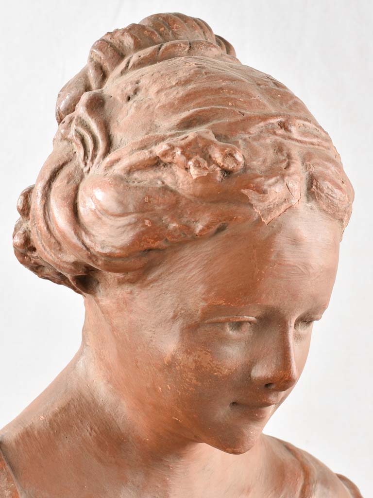 18th century clay statue of a lady holding fruit 31"