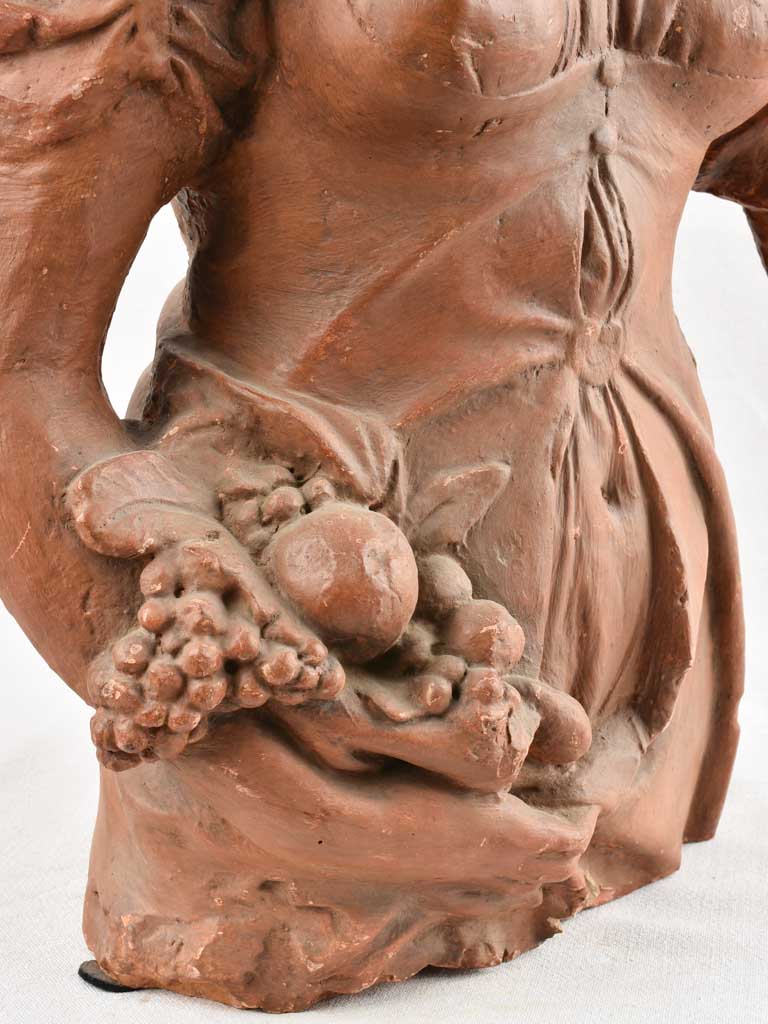 18th century clay statue of a lady holding fruit 31"