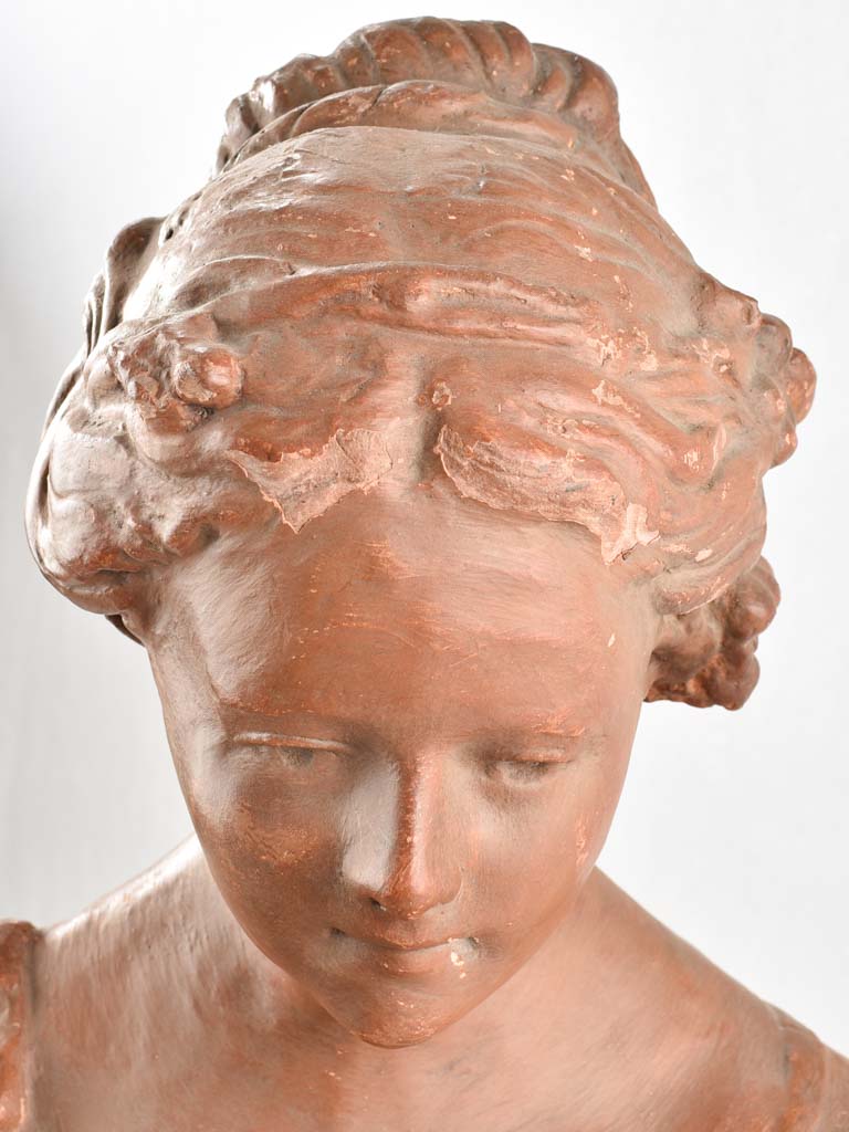 18th century clay statue of a lady holding fruit 31"