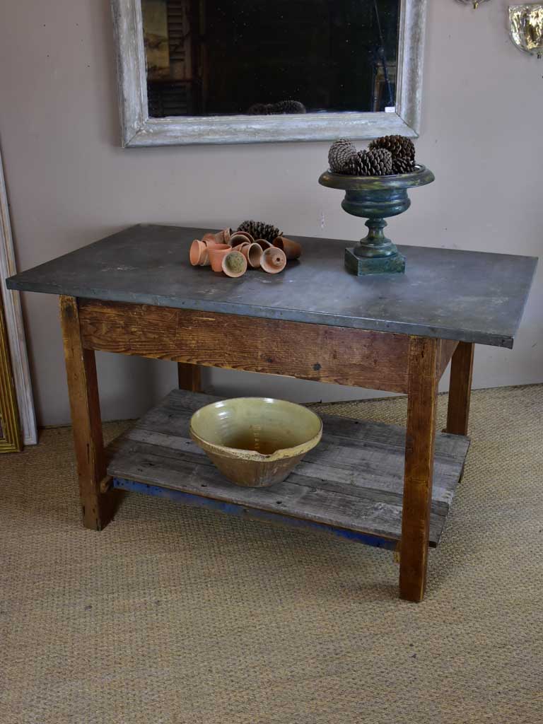 Antique French table with zinc top - florist or oyster table