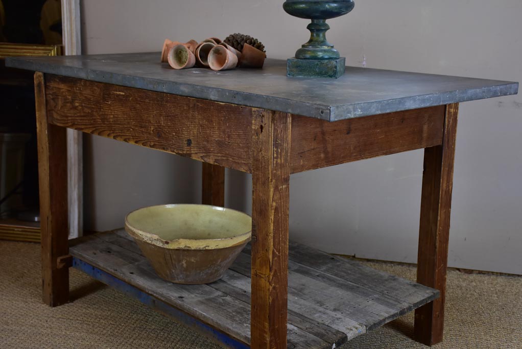 Antique French table with zinc top - florist or oyster table