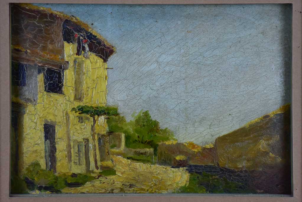 Small antique French painting of a village  15 ¾" x 12 ½"