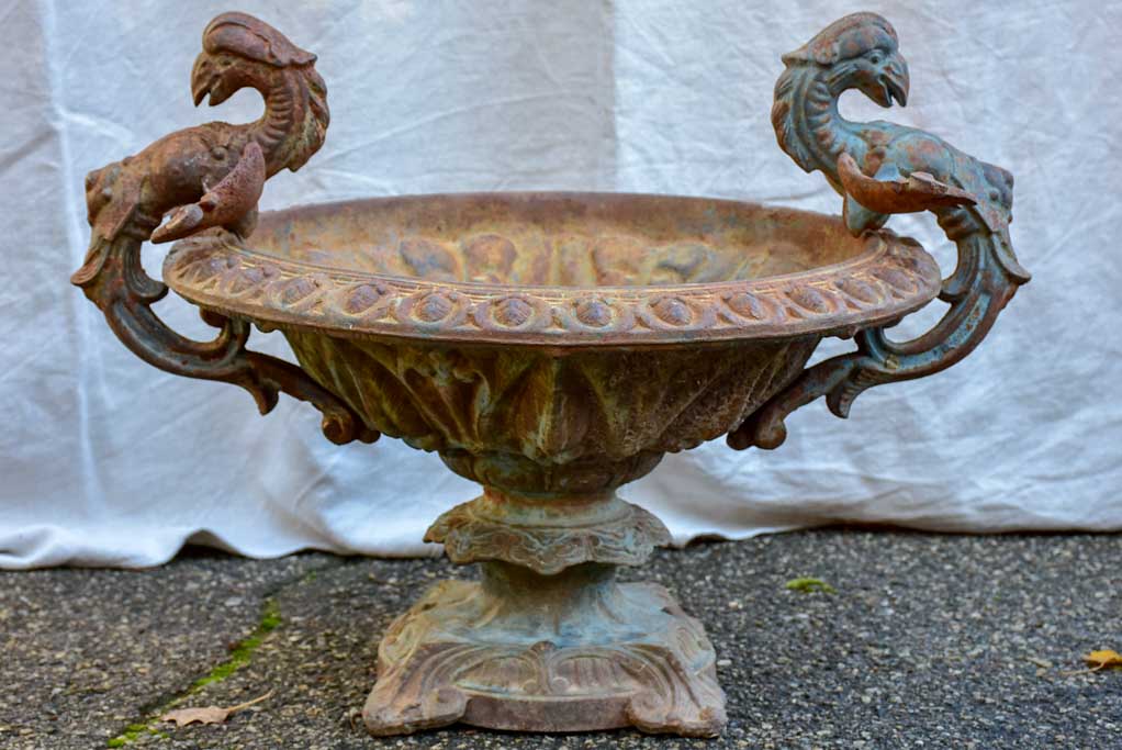 Pair of early 20th Century cast iron urns with Phoenix handles