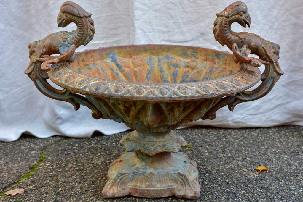 Pair of early 20th Century cast iron urns with Phoenix handles