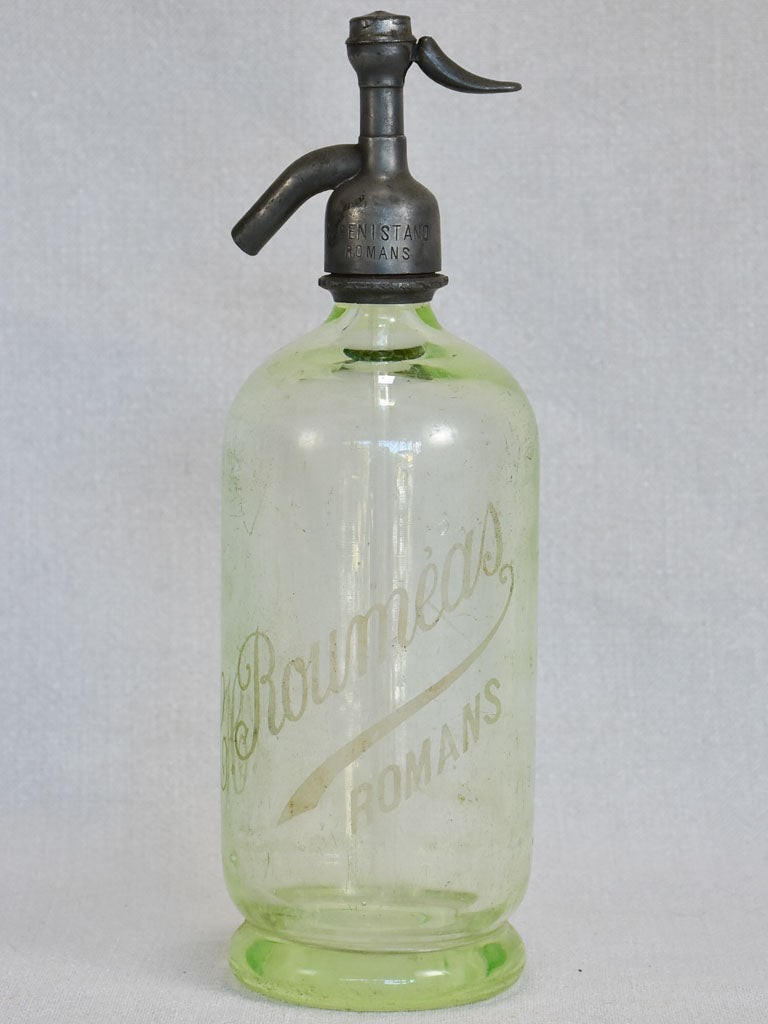 Early twenieth-century French uranium glass seltzer bottle "Romans" 12½"