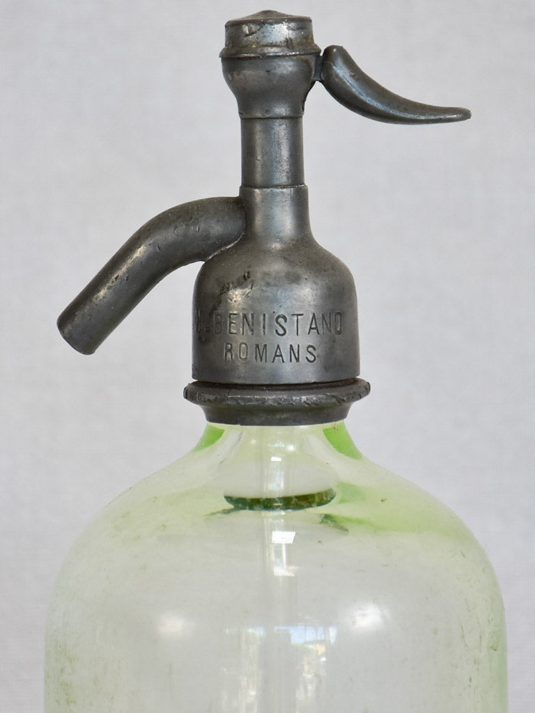 Early twenieth-century French uranium glass seltzer bottle "Romans" 12½"