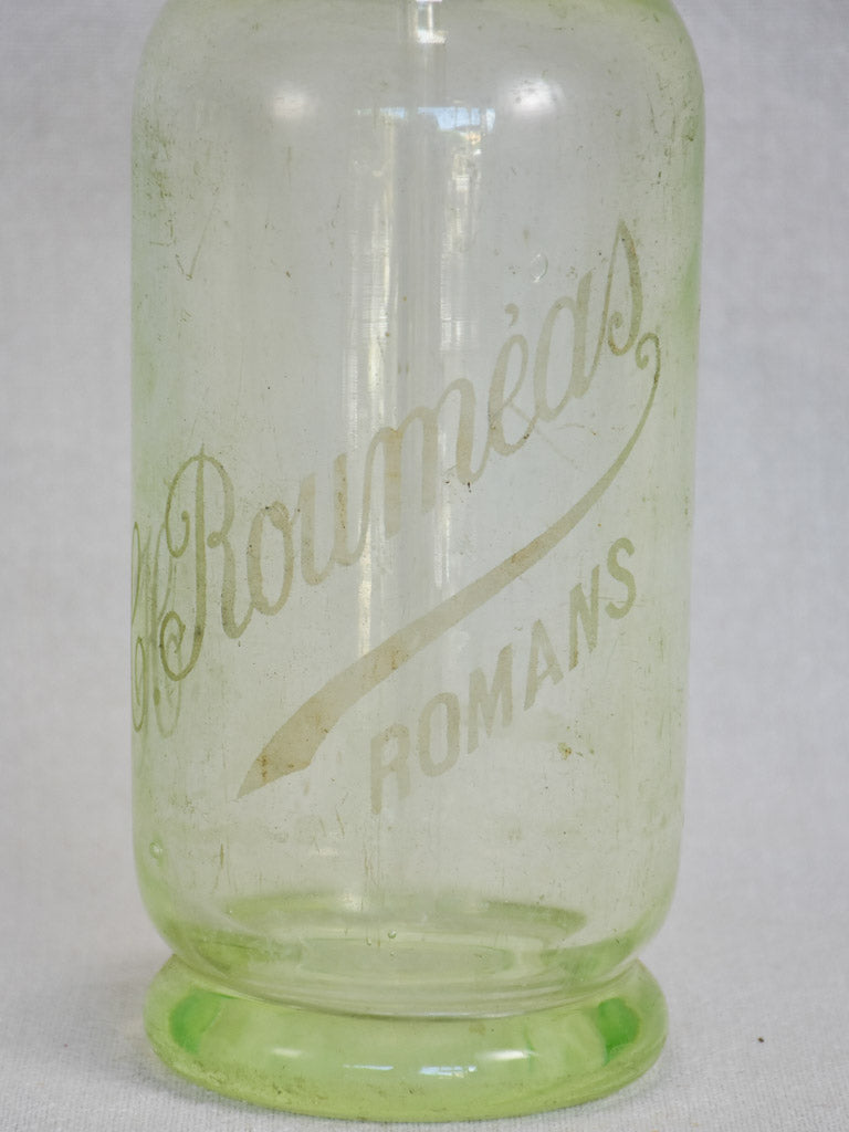 Early twenieth-century French uranium glass seltzer bottle "Romans" 12½"