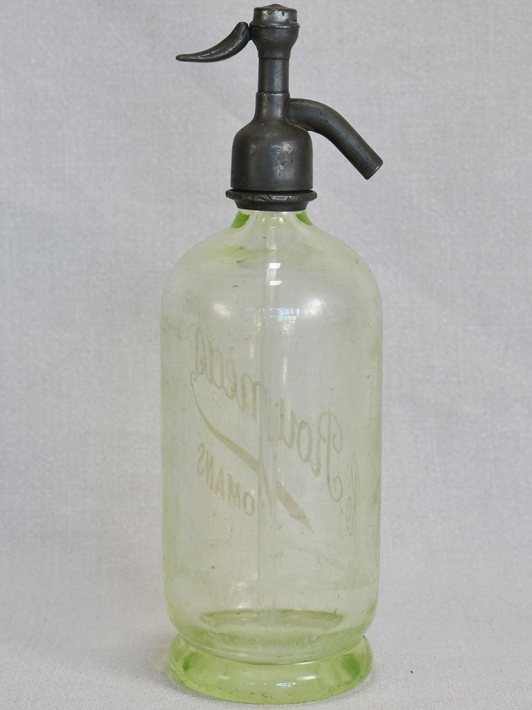 Early twenieth-century French uranium glass seltzer bottle "Romans" 12½"