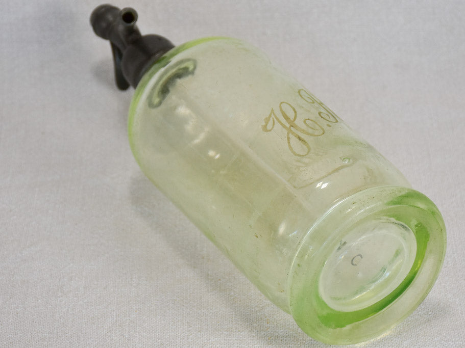 Early twenieth-century French uranium glass seltzer bottle "Romans" 12½"